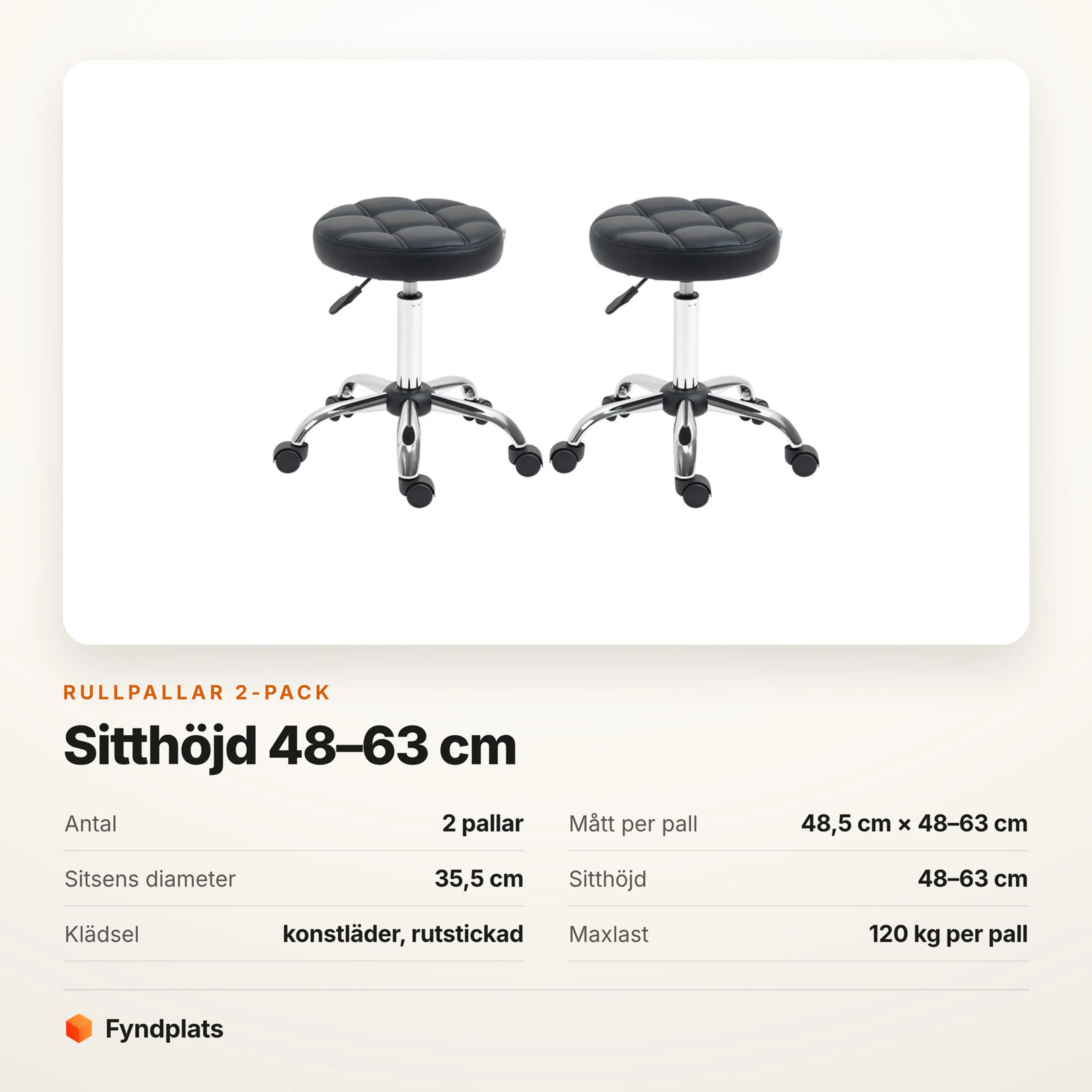 Faktakort från Fyndplats: rullpallar i 2-pack, mått och maxlast