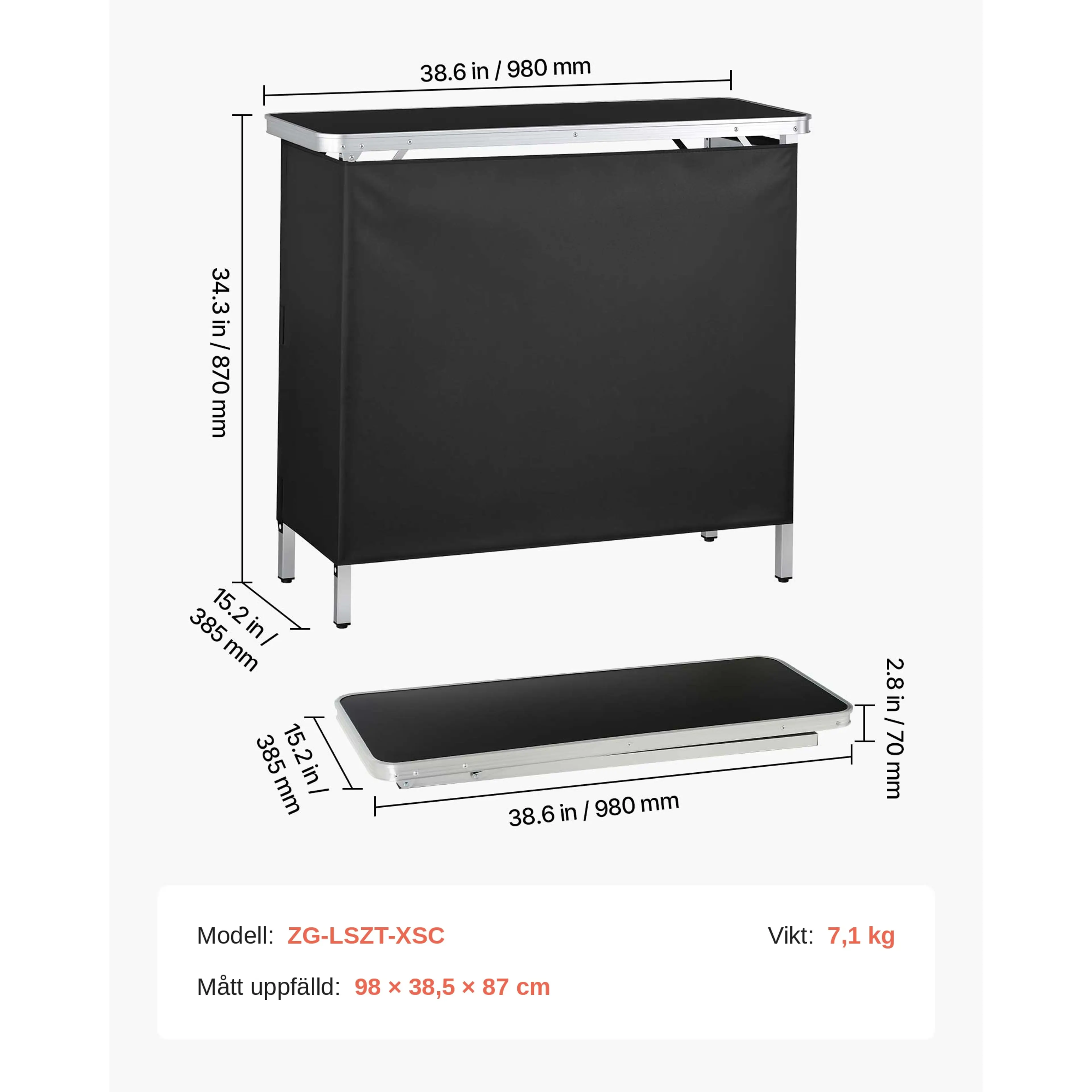 Måttskiss hopfällbar bardisk 98 cm – 98 × 38,5 × 87 cm, vikt 7,1 kg, hopfälld 7 cm tunn