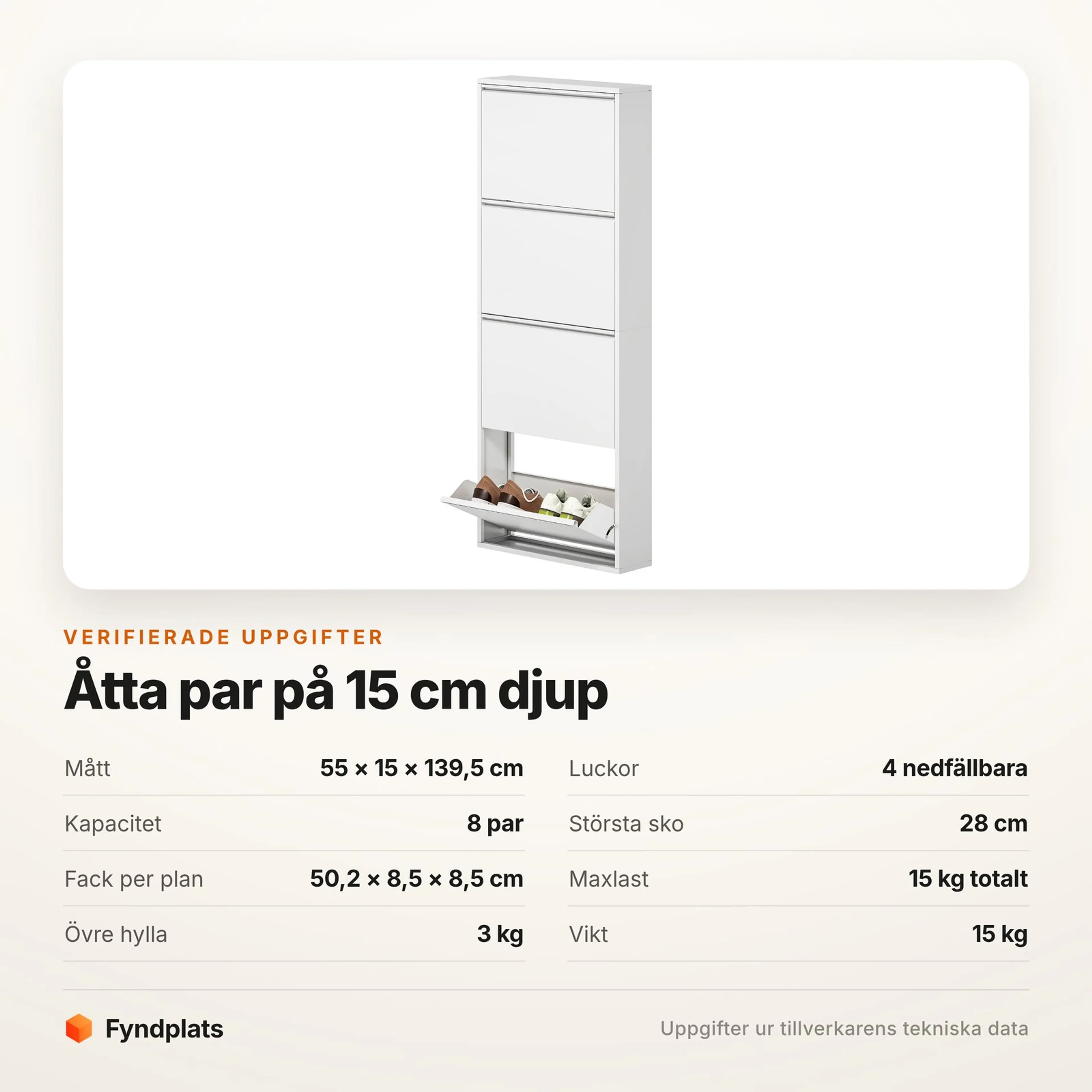 Specifikationer för skoskåpet: 55 × 15 × 139,5 cm, åtta par skor och maxlast 15 kg