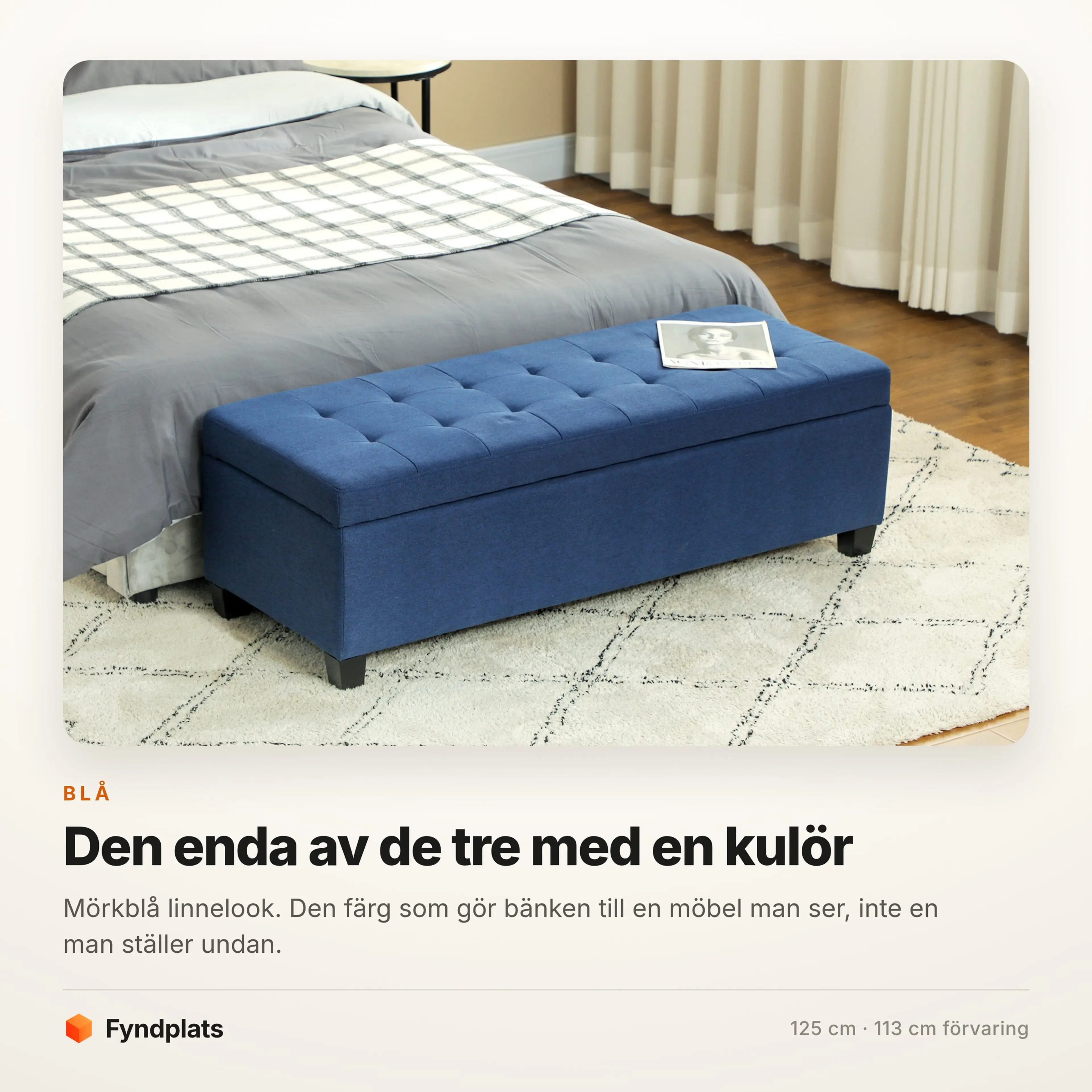 Ottomanbänk 125 cm med förvaring, blå – bild 3