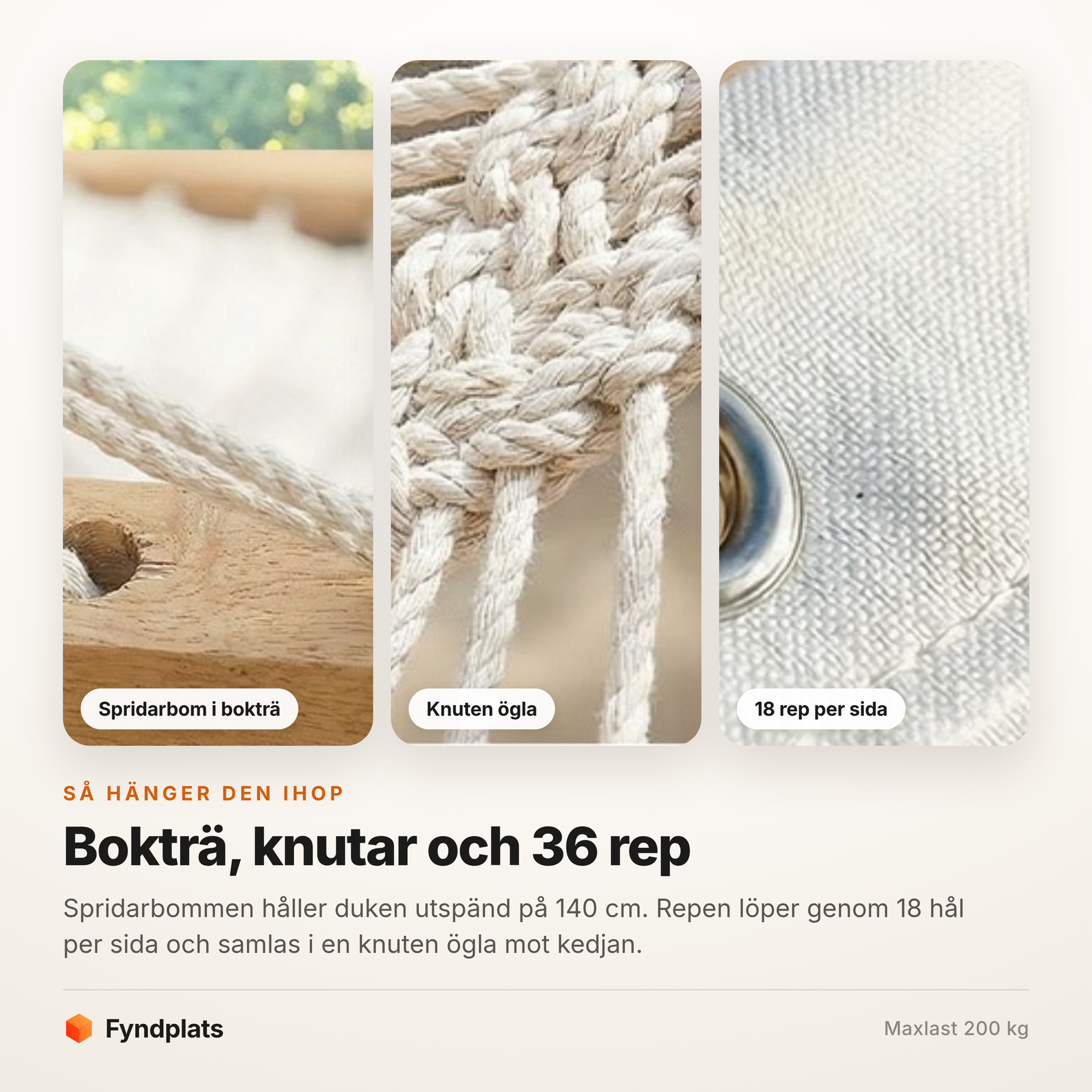 Spridarbom i bokträ, knuten repögla och rephål längs hängmattans kant
