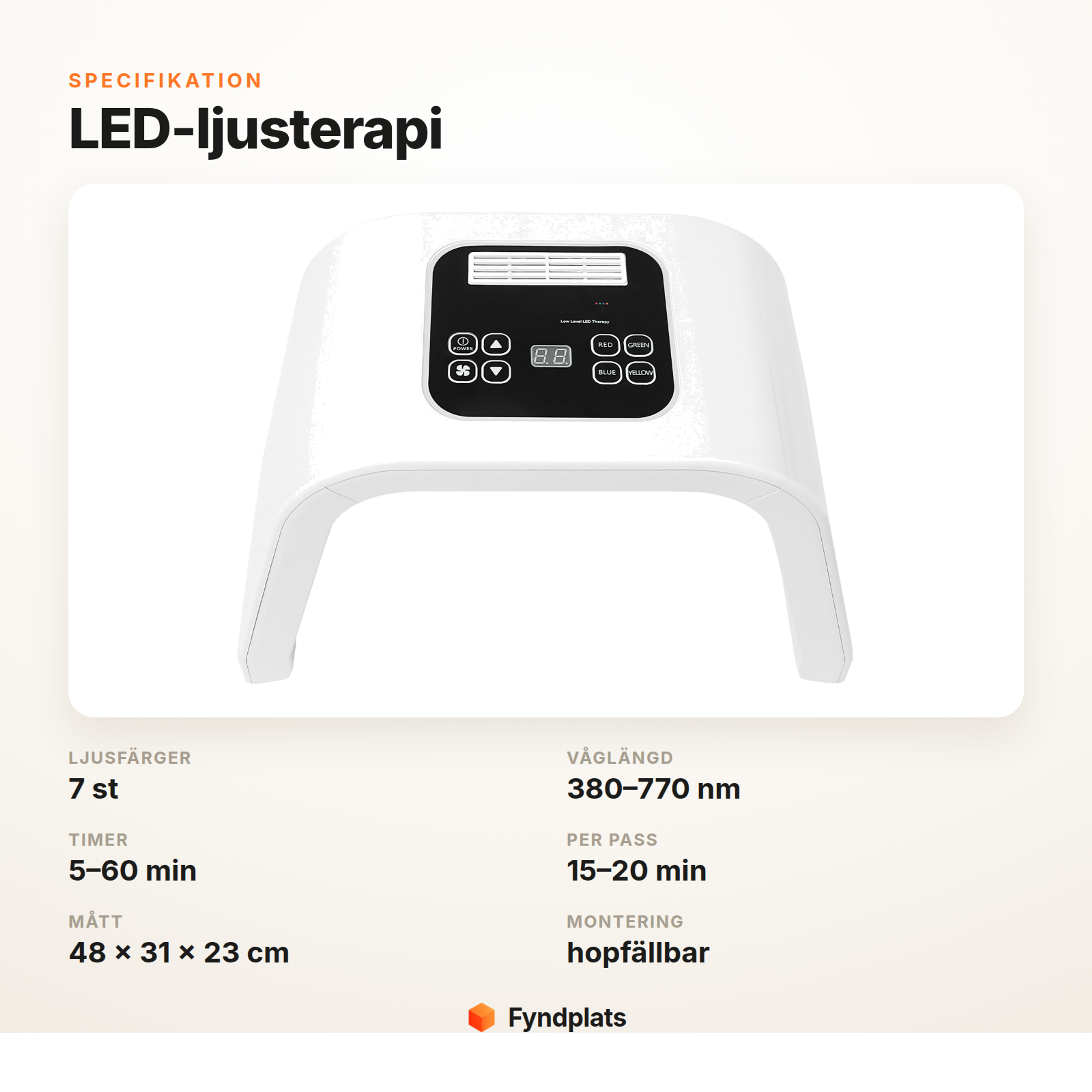 Specifikation för LED-ljusterapi – 7 färger, timer 5–60 min och hopfällbar