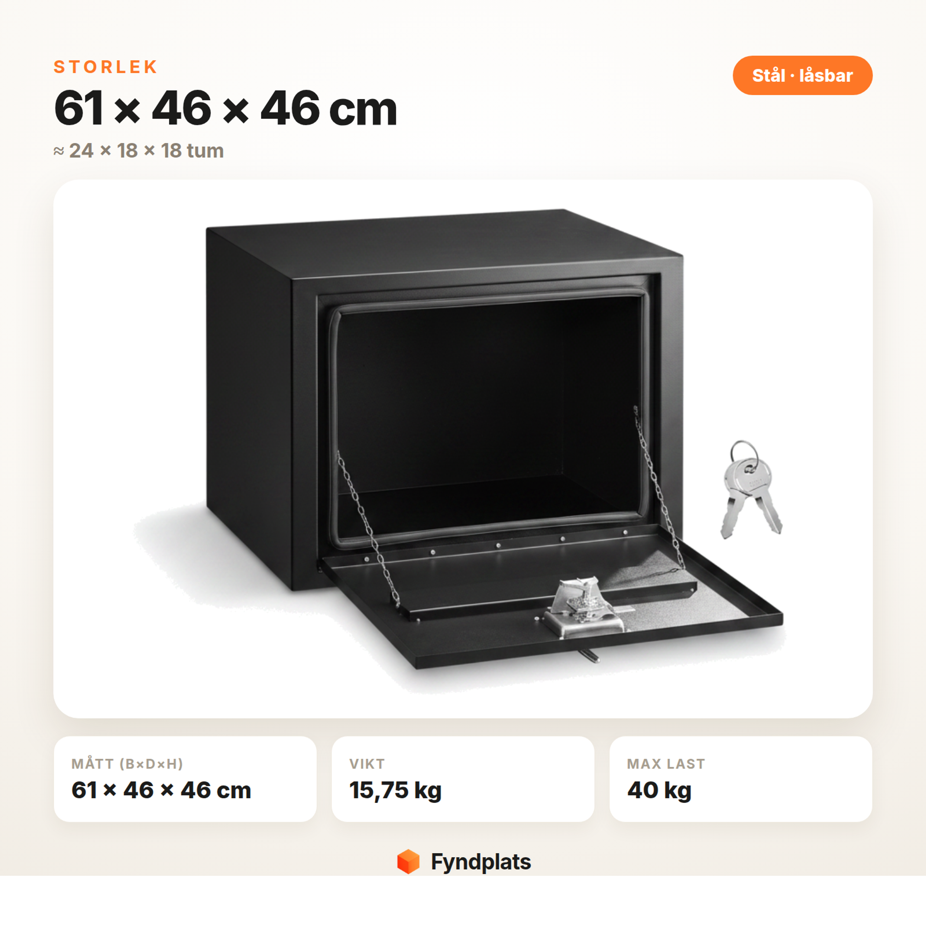 Verktygslåda för lastbil, storlek 61 × 46 × 46 cm – mått, vikt och max last