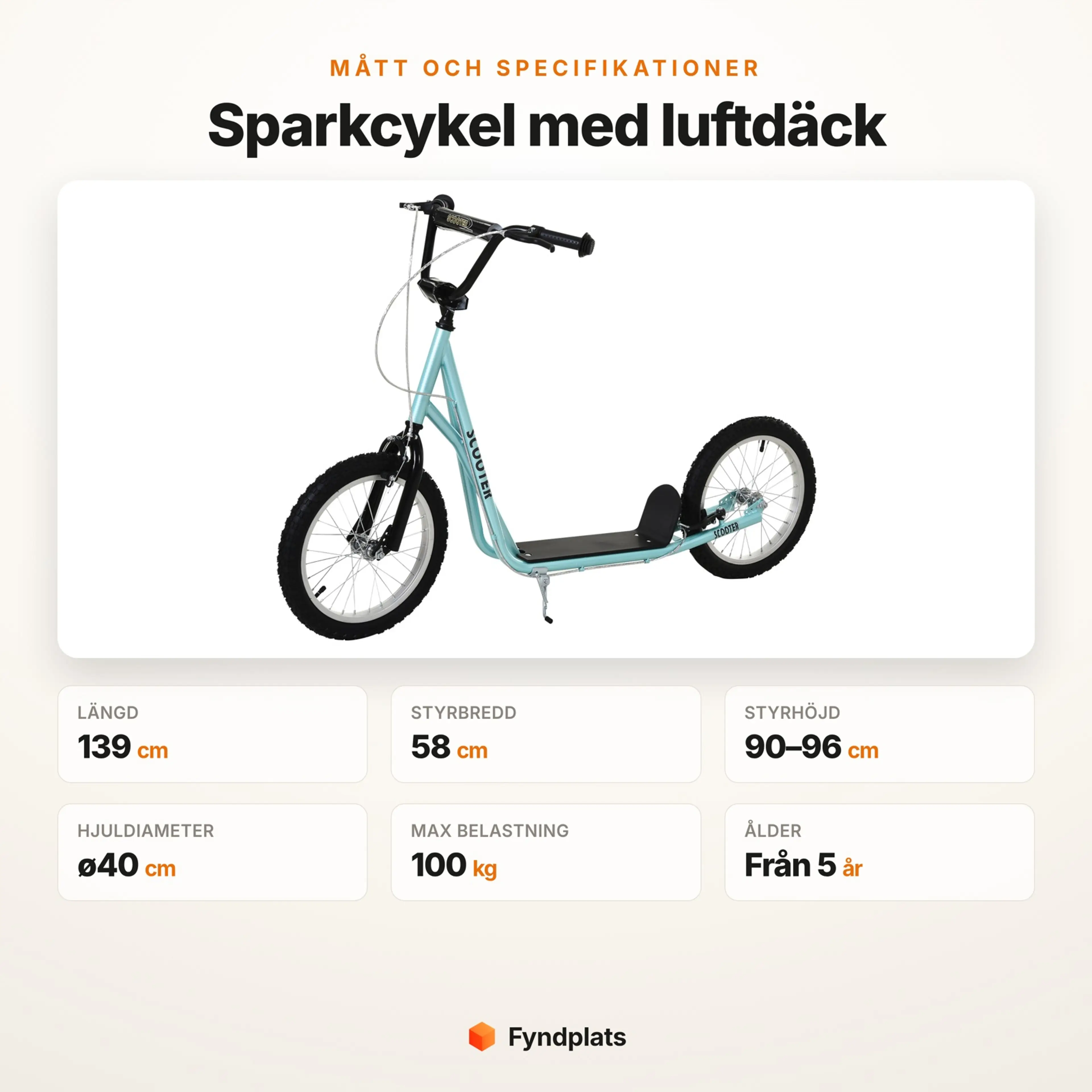 Specifikationskort för sparkcykeln med längd 139 cm, styrbredd 58 cm och styrhöjd 90–96 cm