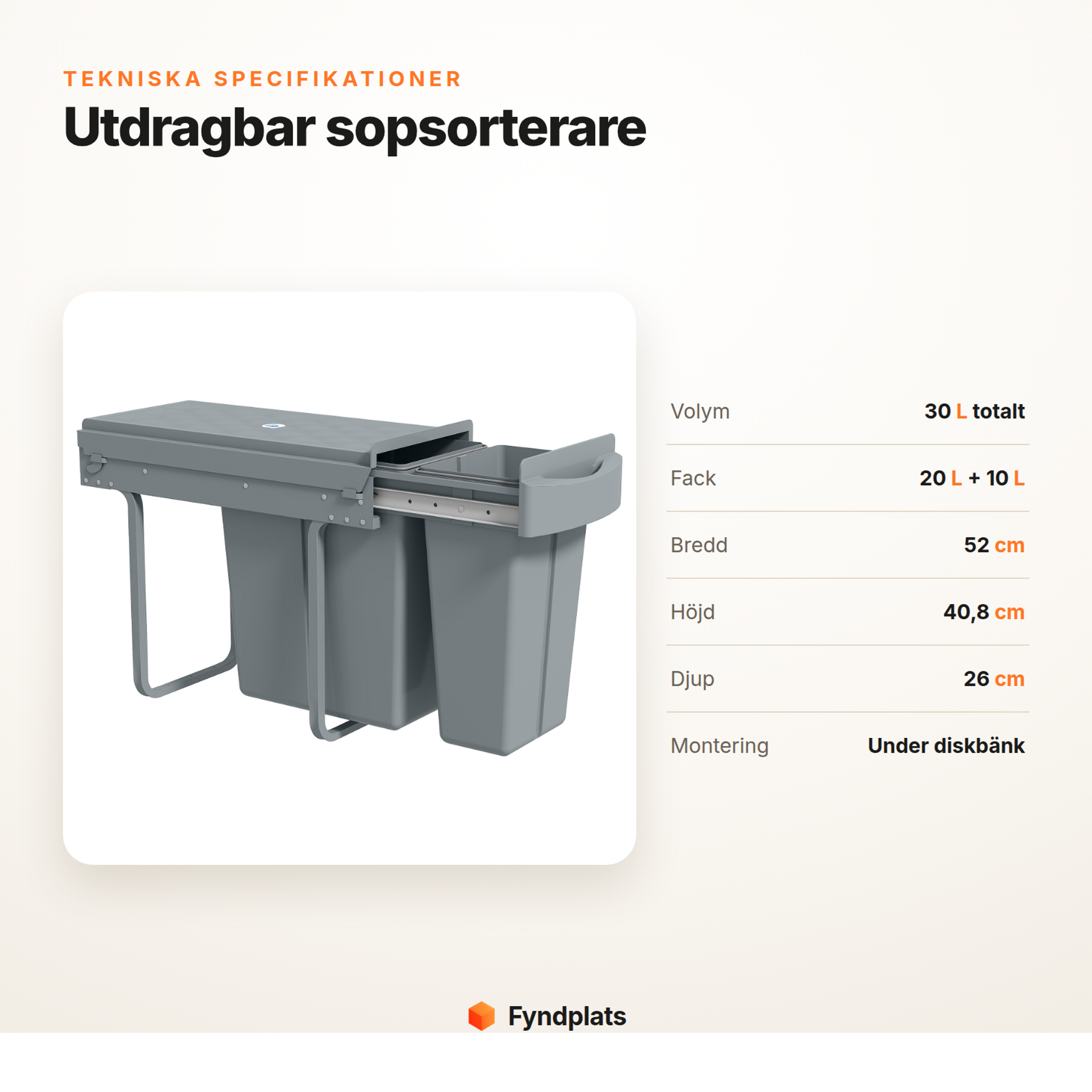 Specifikationer för sopsorterare: 30 L totalt, 20 L + 10 L fack, 52 × 26 × 40,8 cm