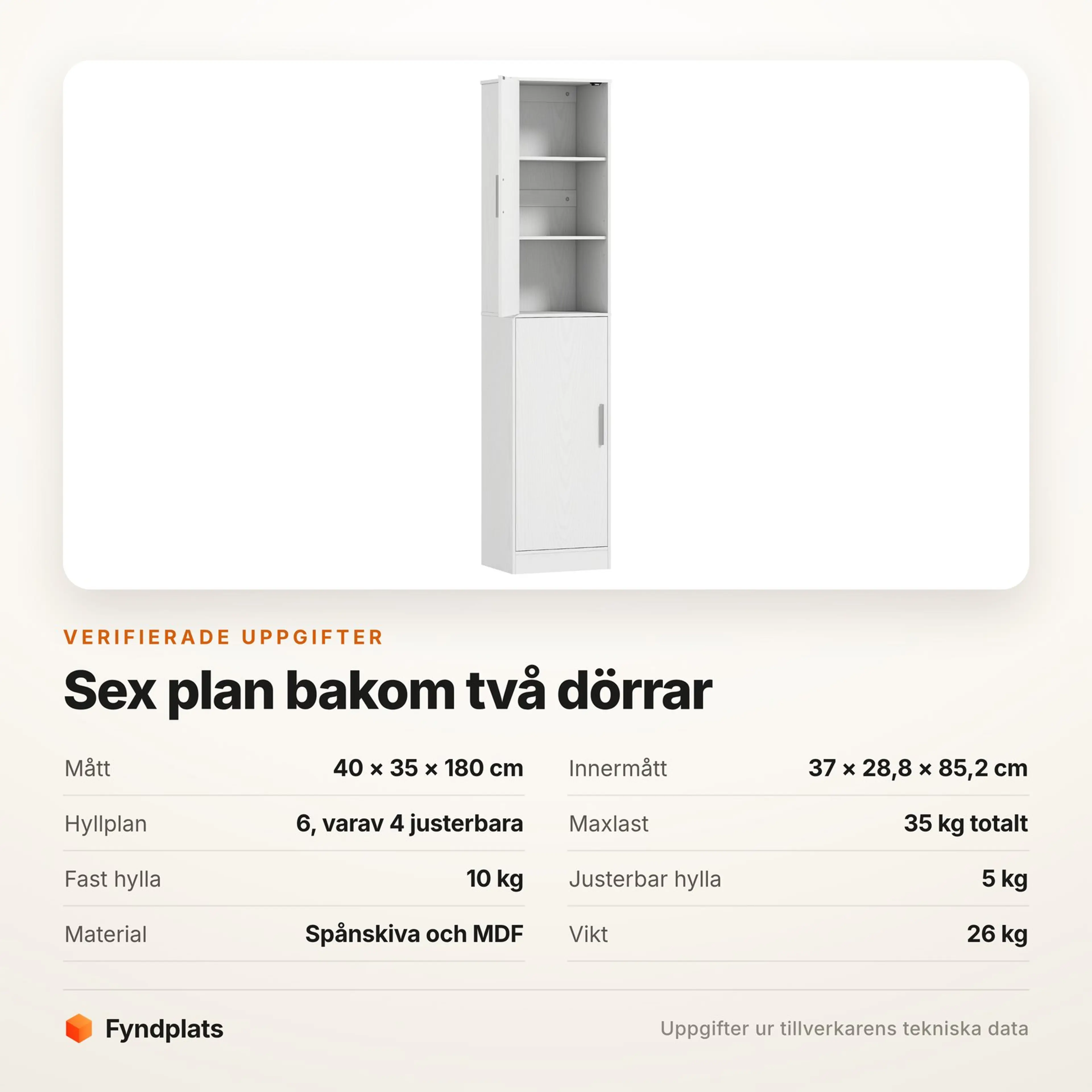 Specifikationer för badrumsskåpet: 40 × 35 × 180 cm, sex hyllplan och maxlast 35 kg