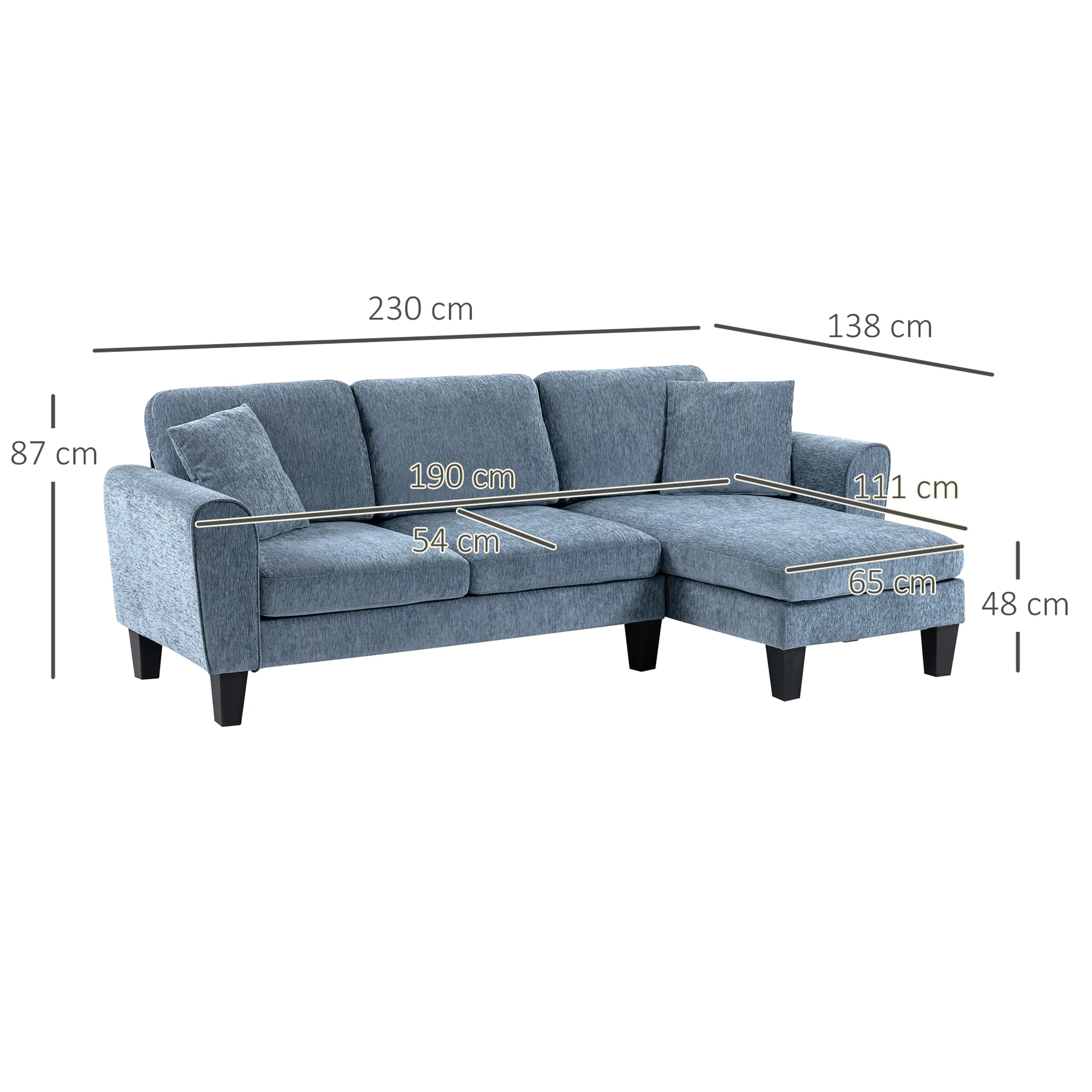 Måttskiss: 230 cm bred, 138 cm djup, 87 cm hög, sits 190 × 54 cm och 48 cm sitthöjd