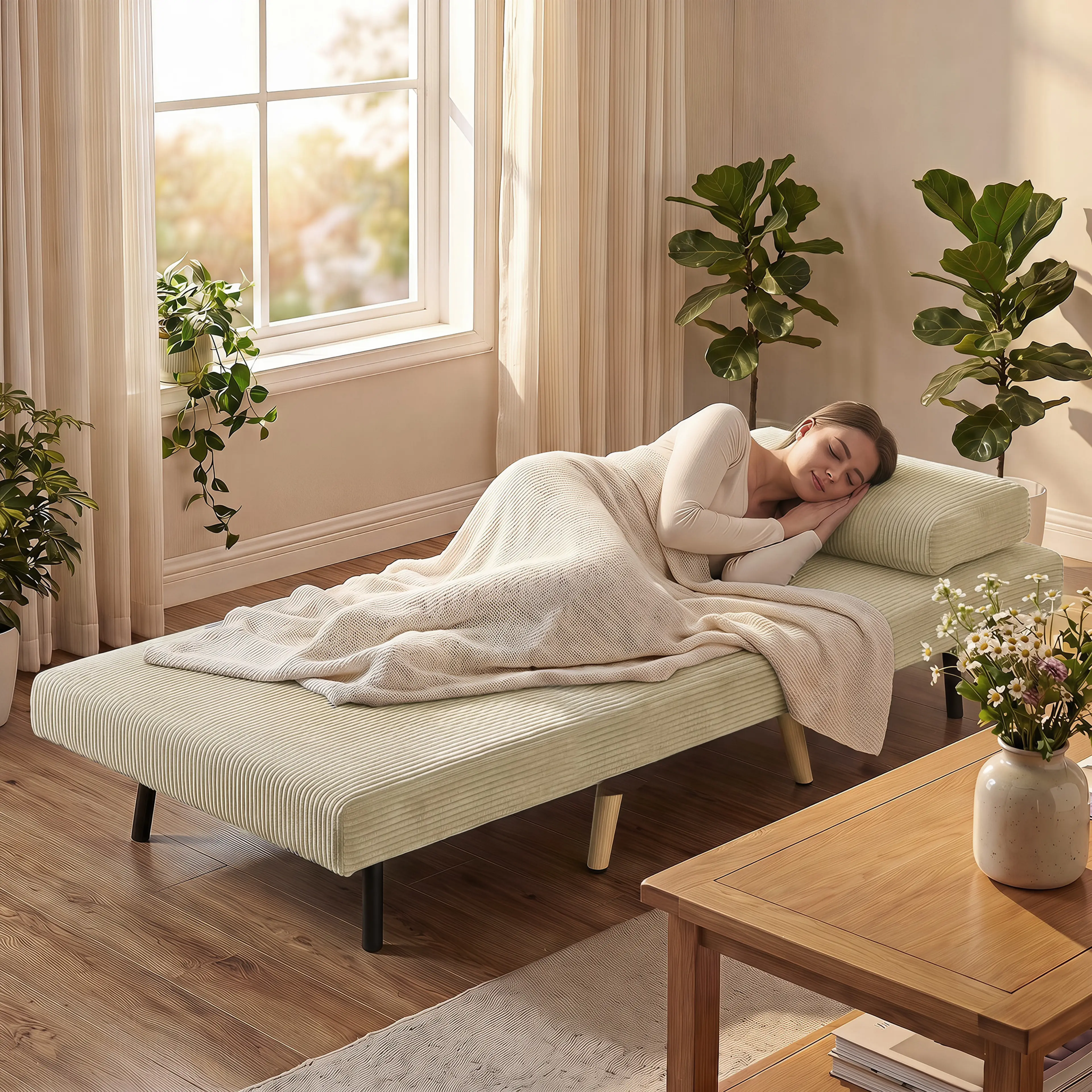 En person sover under en filt på den plant utfällda bädden