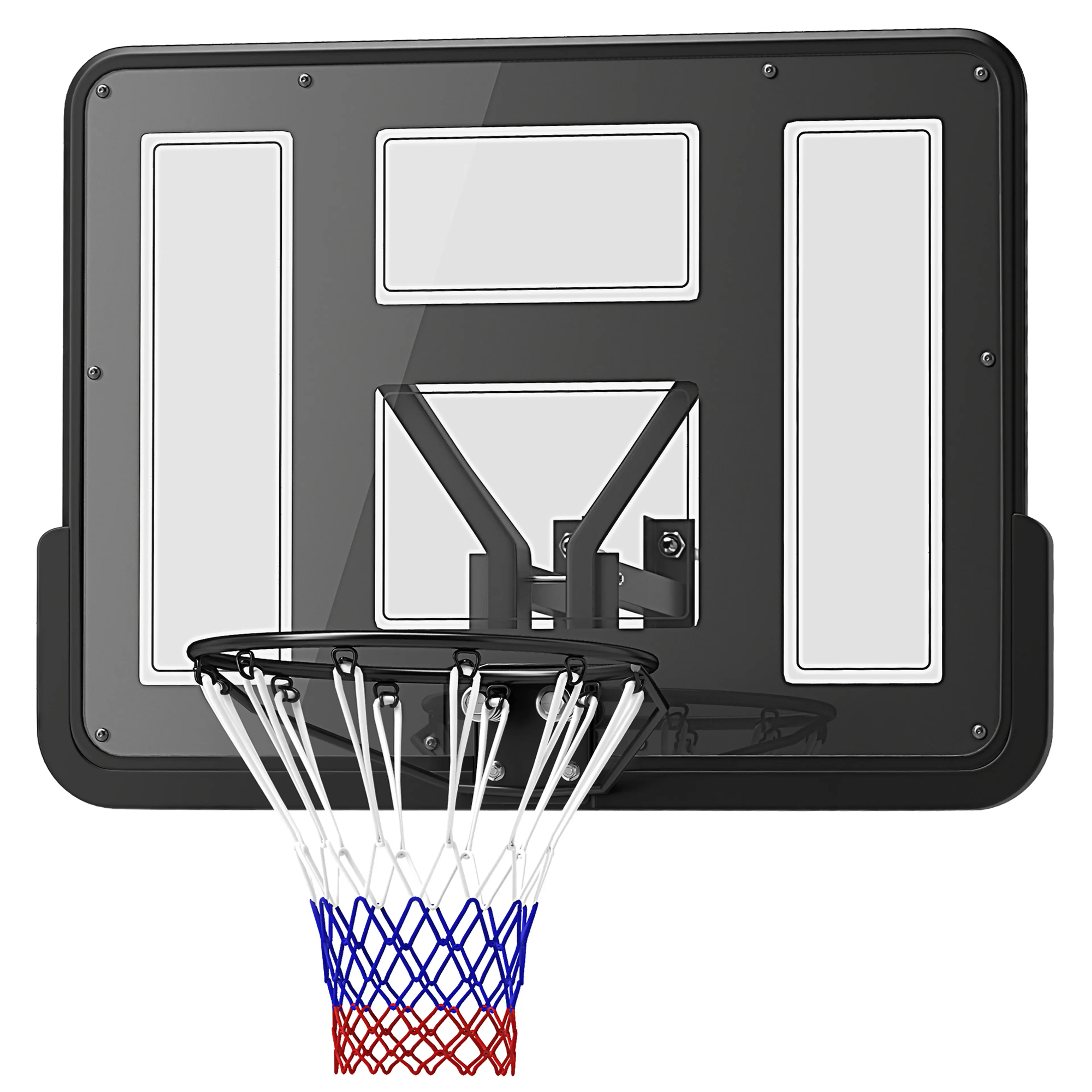 Basketkorg med svart ryggskiva, stålring och nät i rött, vitt och blått