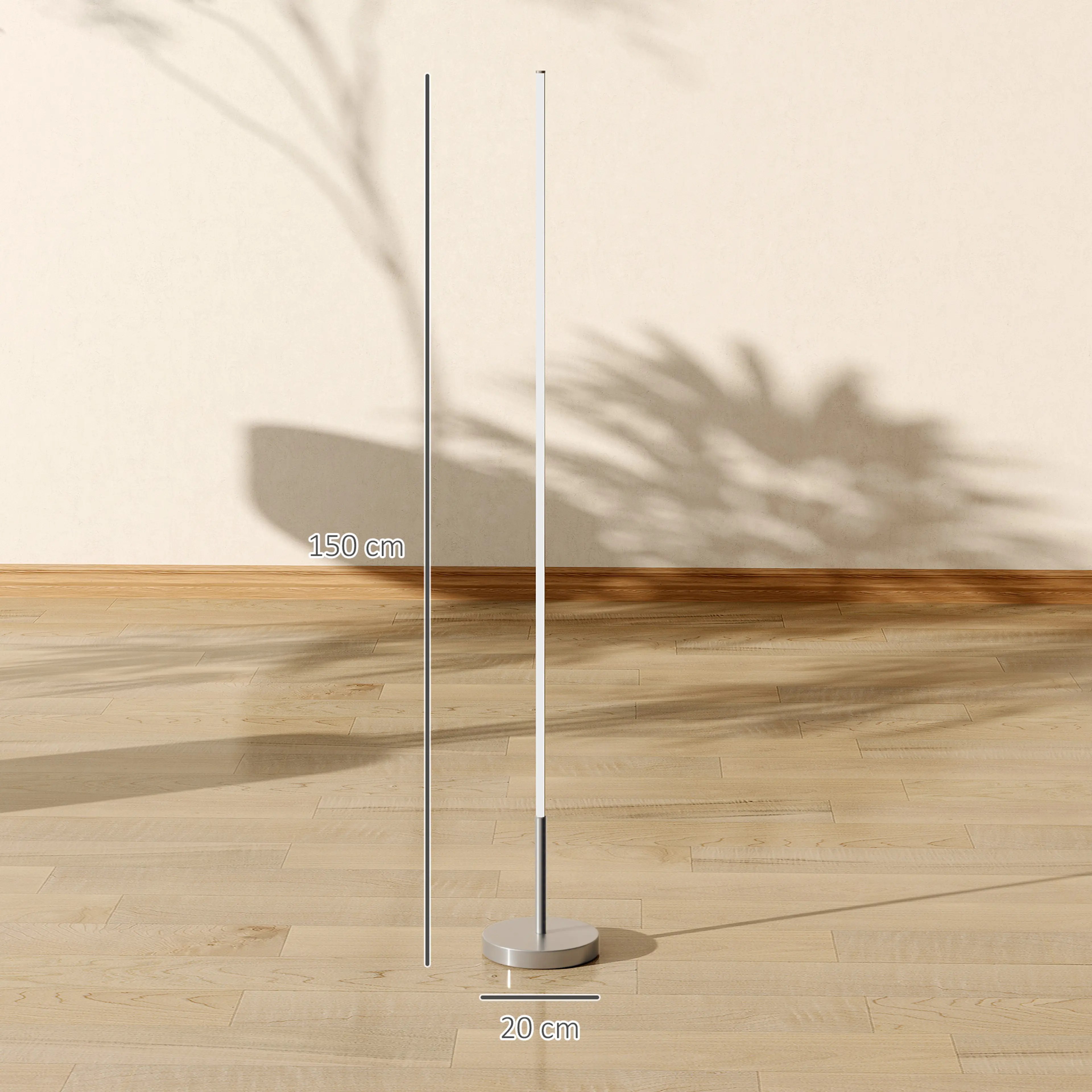 Måttritning med lampans höjd 150 cm och fotens bredd 20 cm