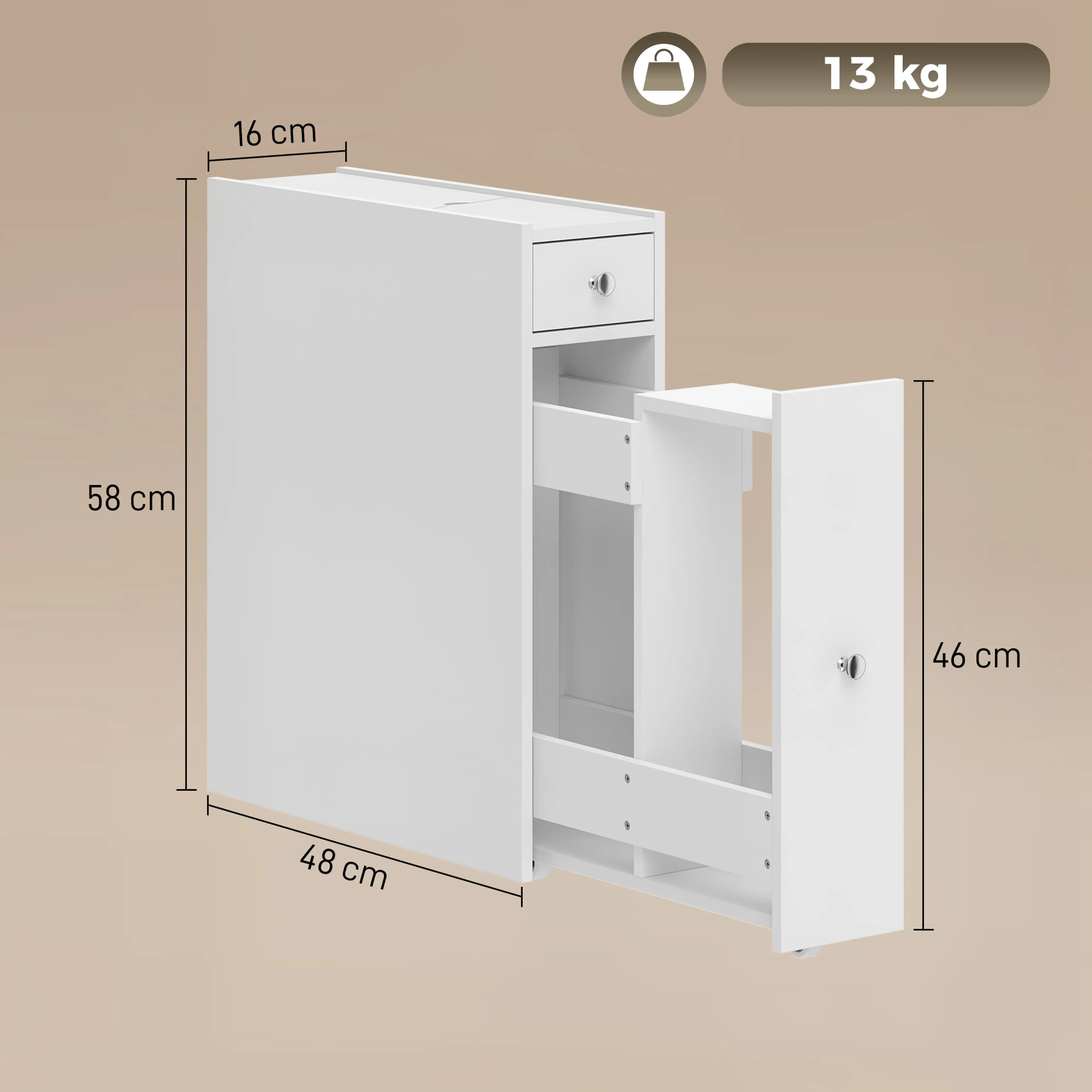 Måttbild: skåpet är 16 cm brett, 48 cm djupt och 58 cm högt och bär 13 kg