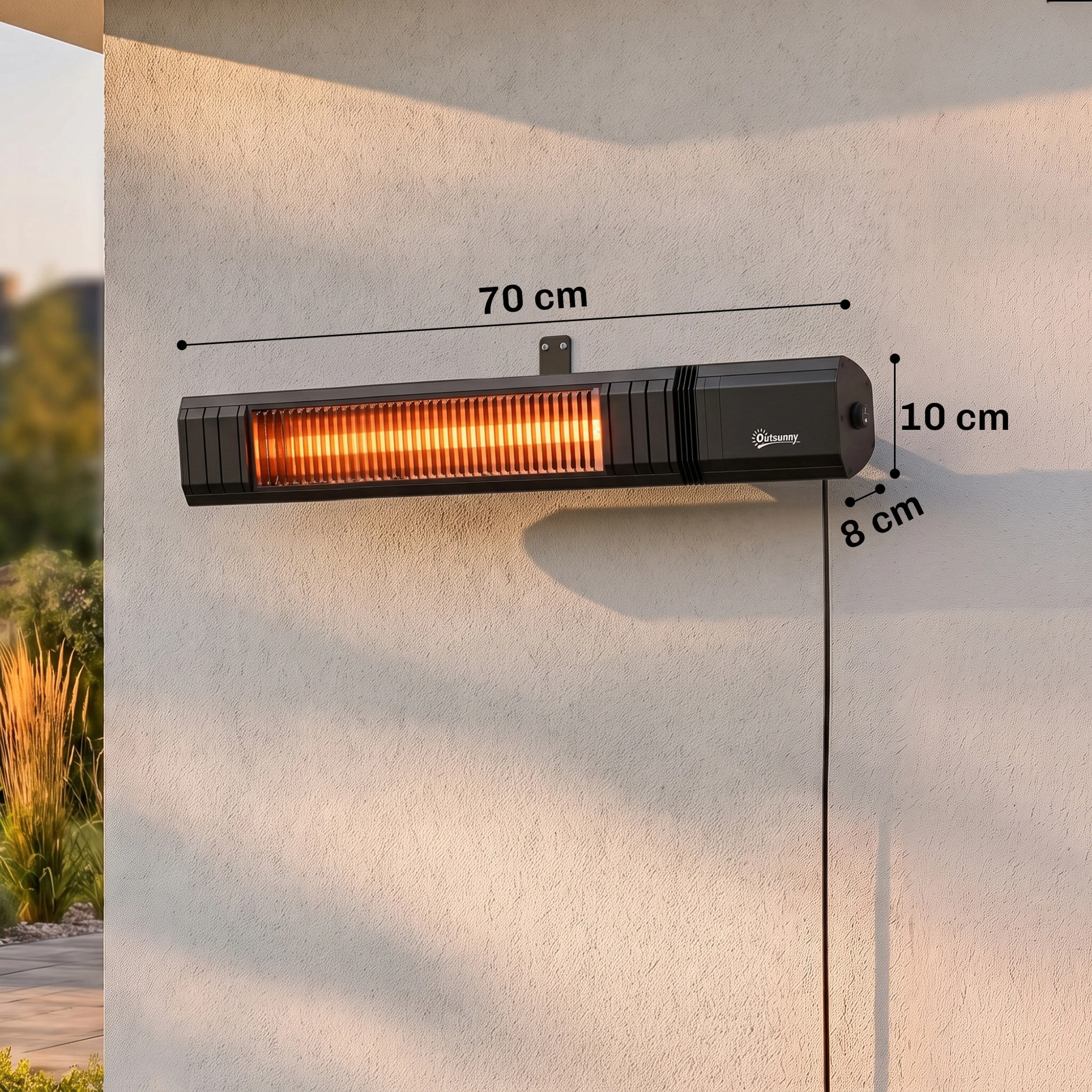 Måttritning över infravärmaren med längd 70 cm, höjd 10 cm och djup 8 cm