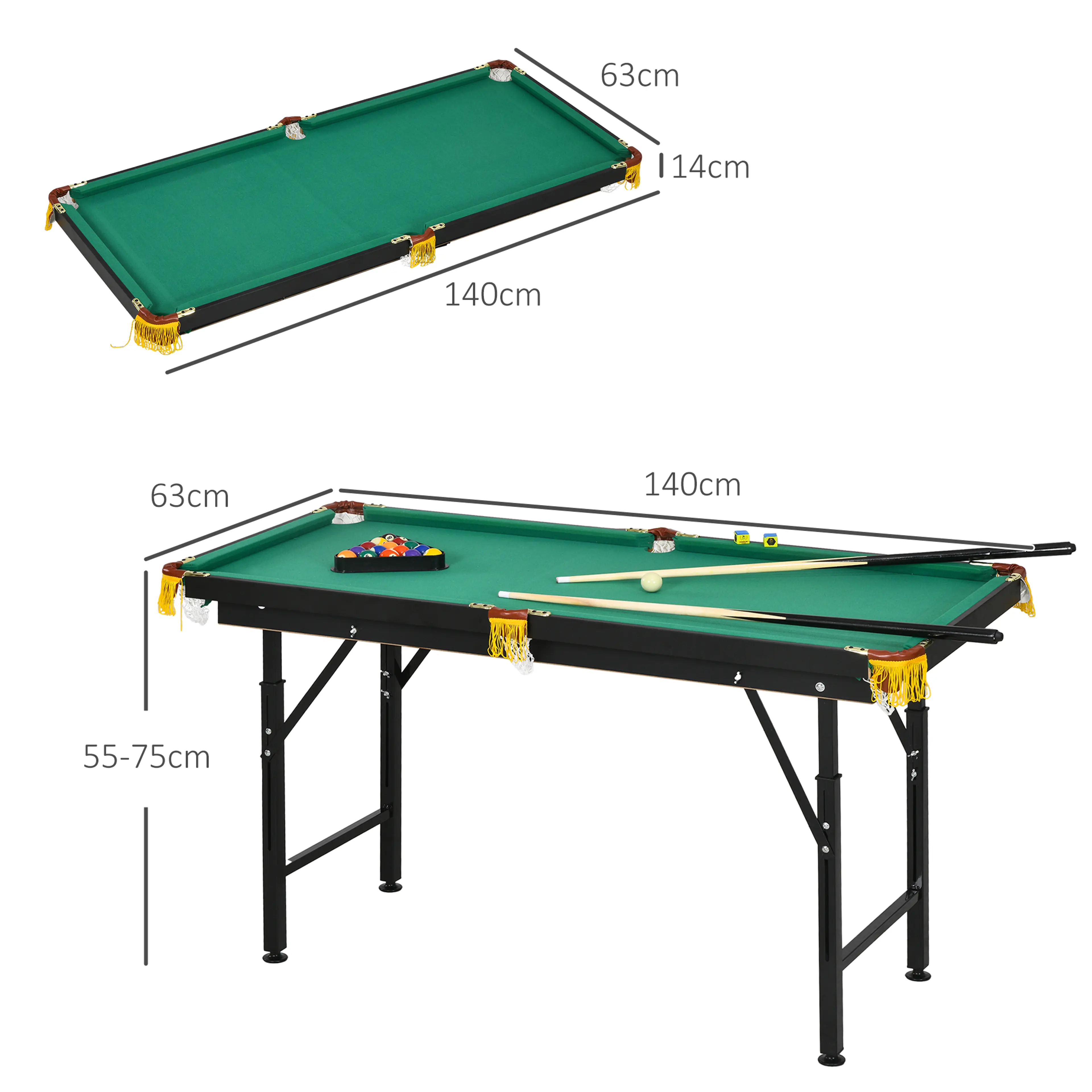 Måttbild: bordet mäter 140 × 63 cm, är 55–75 cm högt och 14 cm tjockt hopfällt