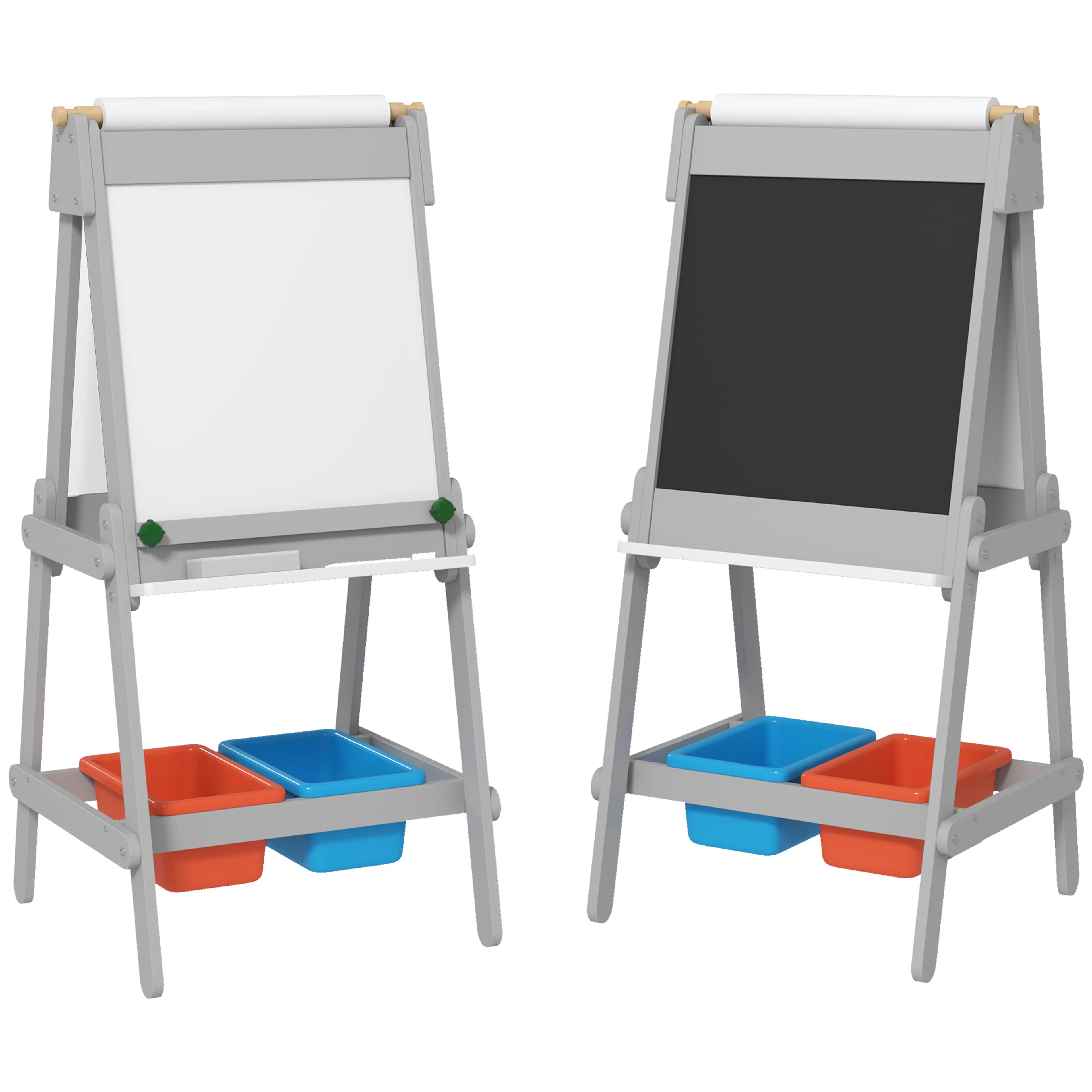 Grått barnstaffli med whiteboard på ena sidan, krittavla på den andra och två förvaringslådor