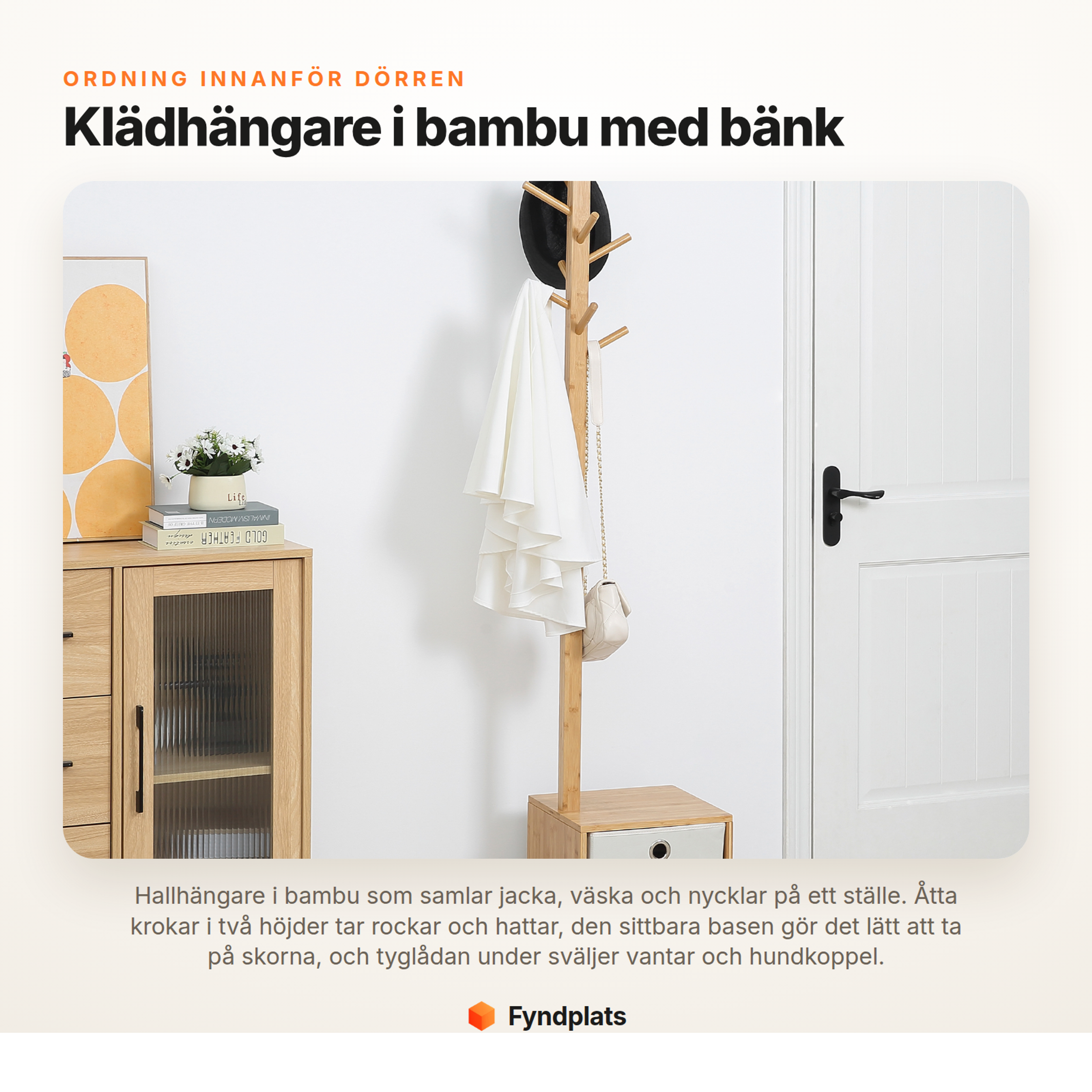 Fyndplats – klädhängare i bambu med bänk, åtta krokar och hopfällbar tyglåda för hallen
