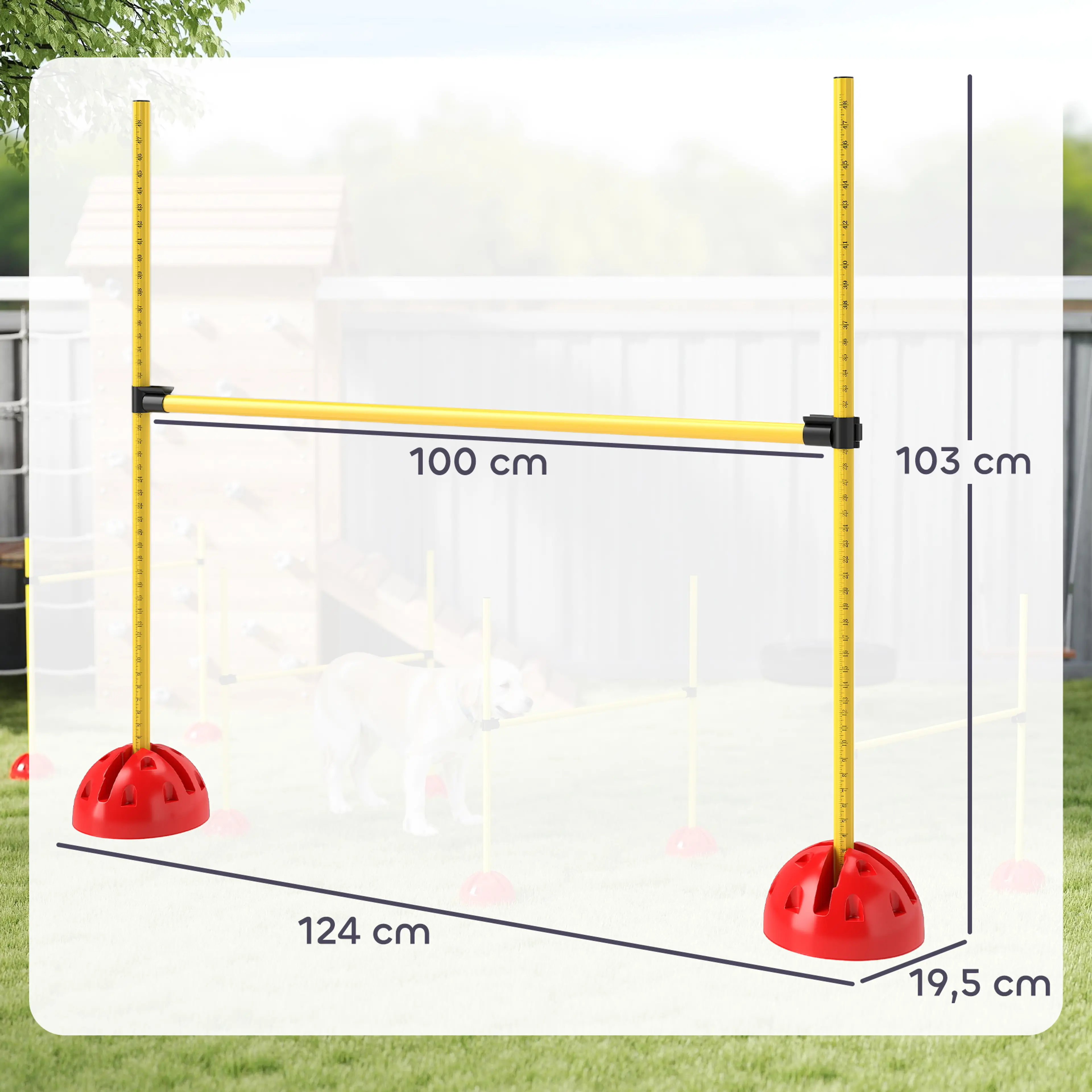 Måttbild: hindret är 124 cm brett och 103 cm högt, ribban är 100 cm och foten 19,5 cm
