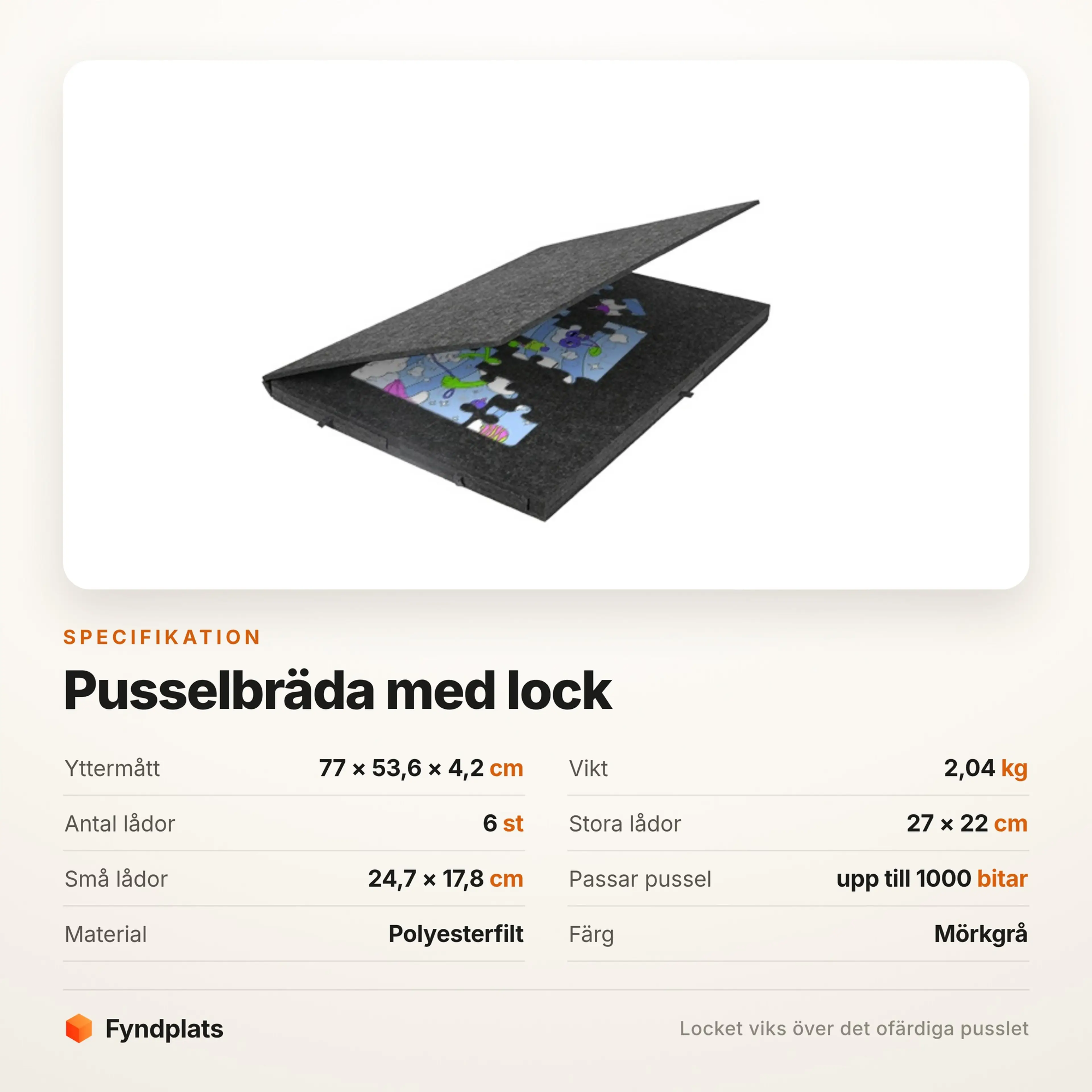 Specifikation: 77 × 53,6 × 4,2 cm, 2,04 kg, sex lådor och plats för 1000 bitar