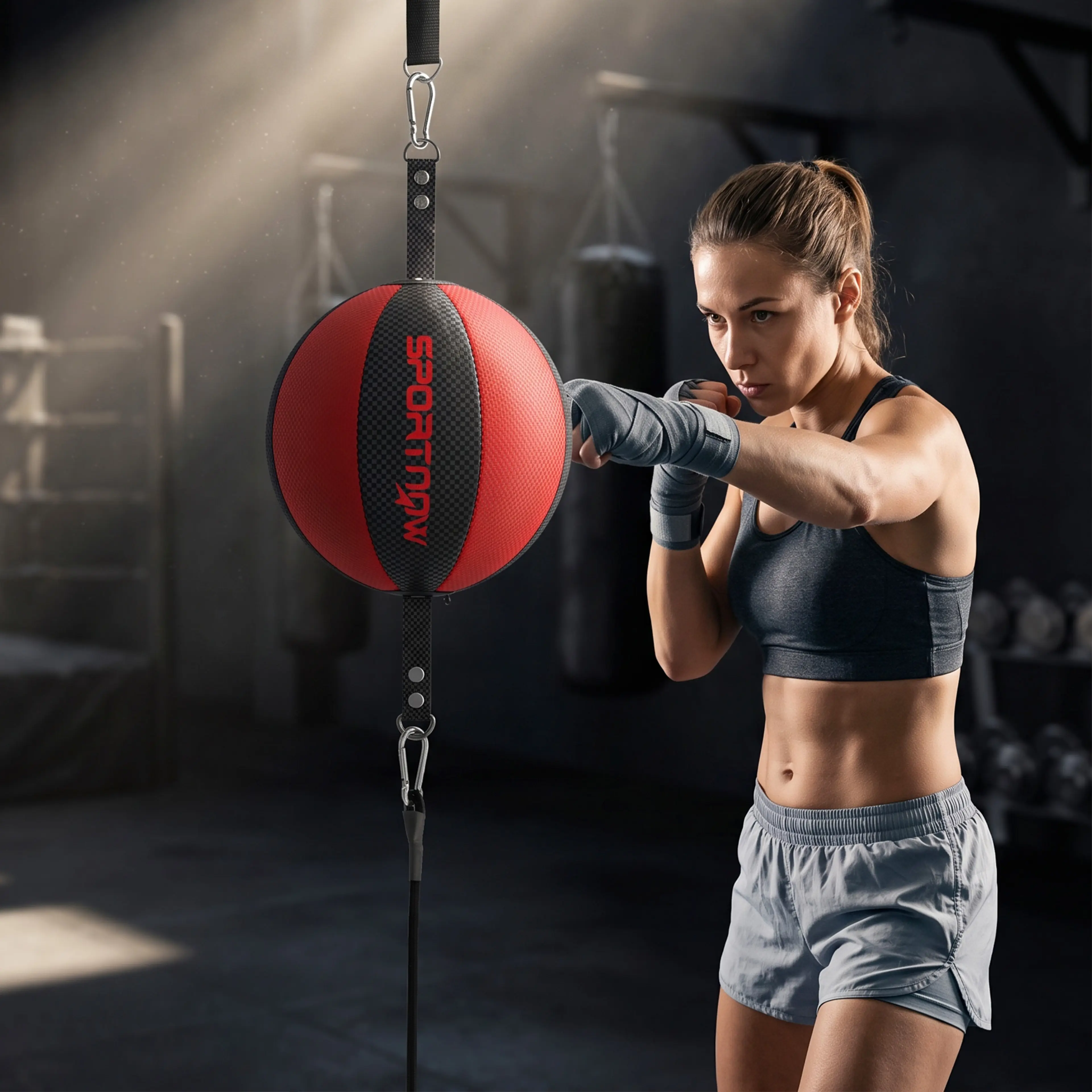 Dubbelbollen i ett mörkt gym, med karbinhakar i båda ändar