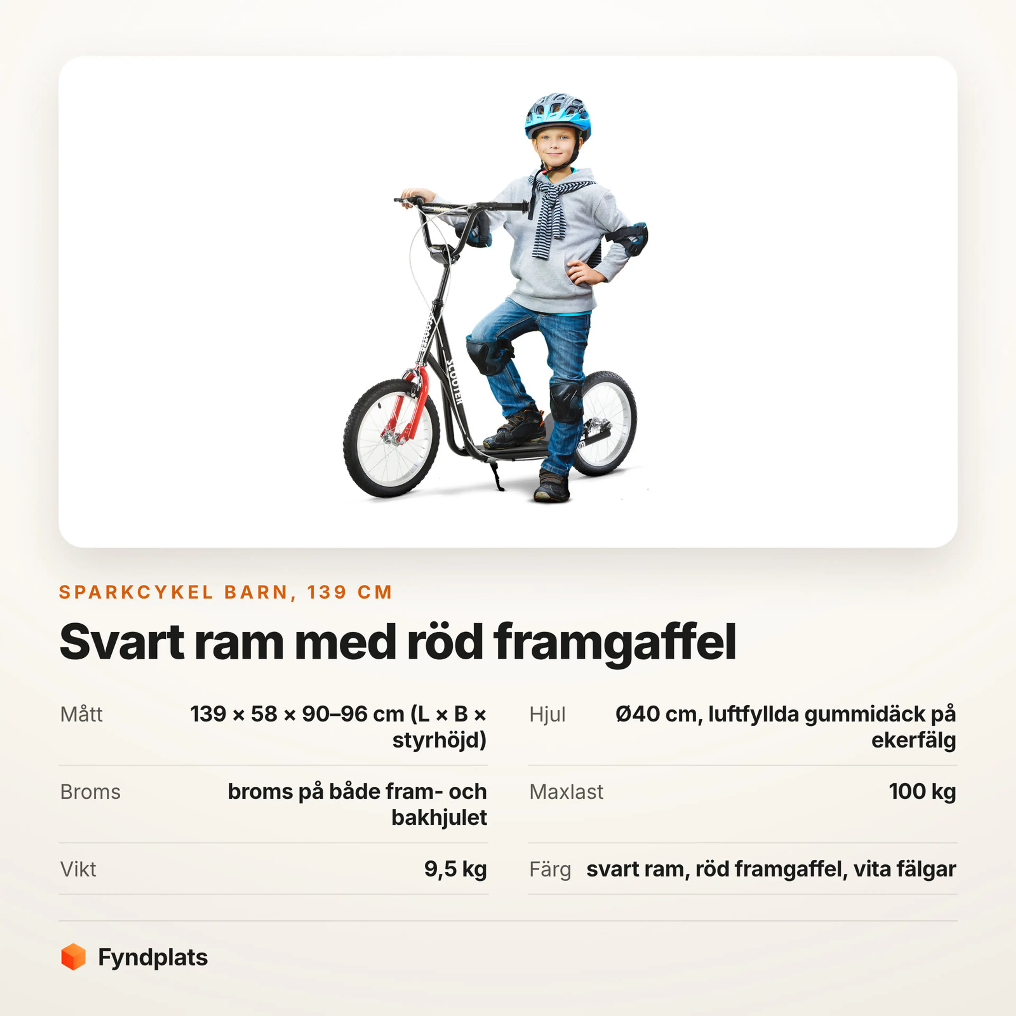 Faktakort: sparkcykel barn 139 cm, svart ram med röd framgaffel