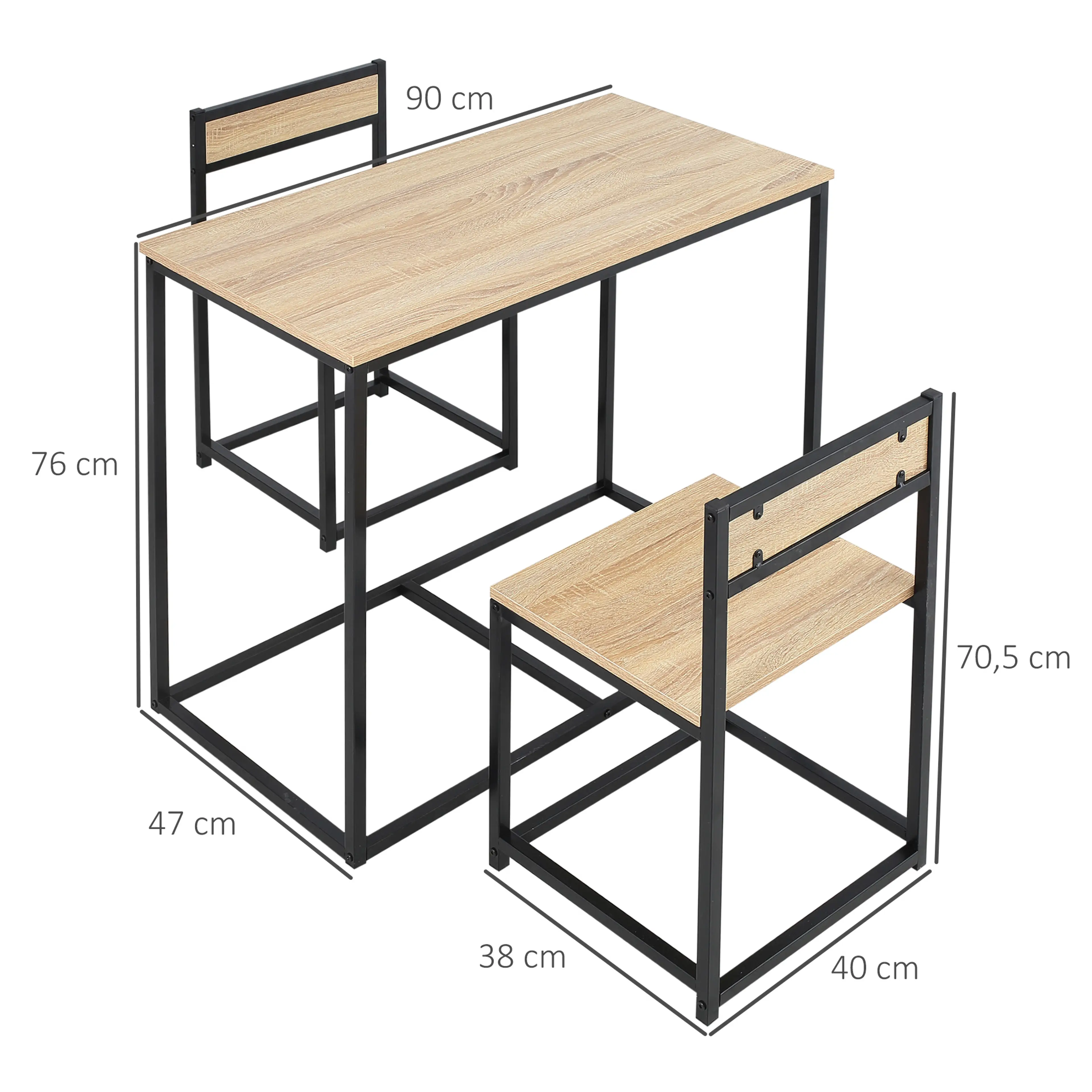 Måttskiss: bordet 90 × 47 × 76 cm och stolen 40 × 38 × 70,5 cm