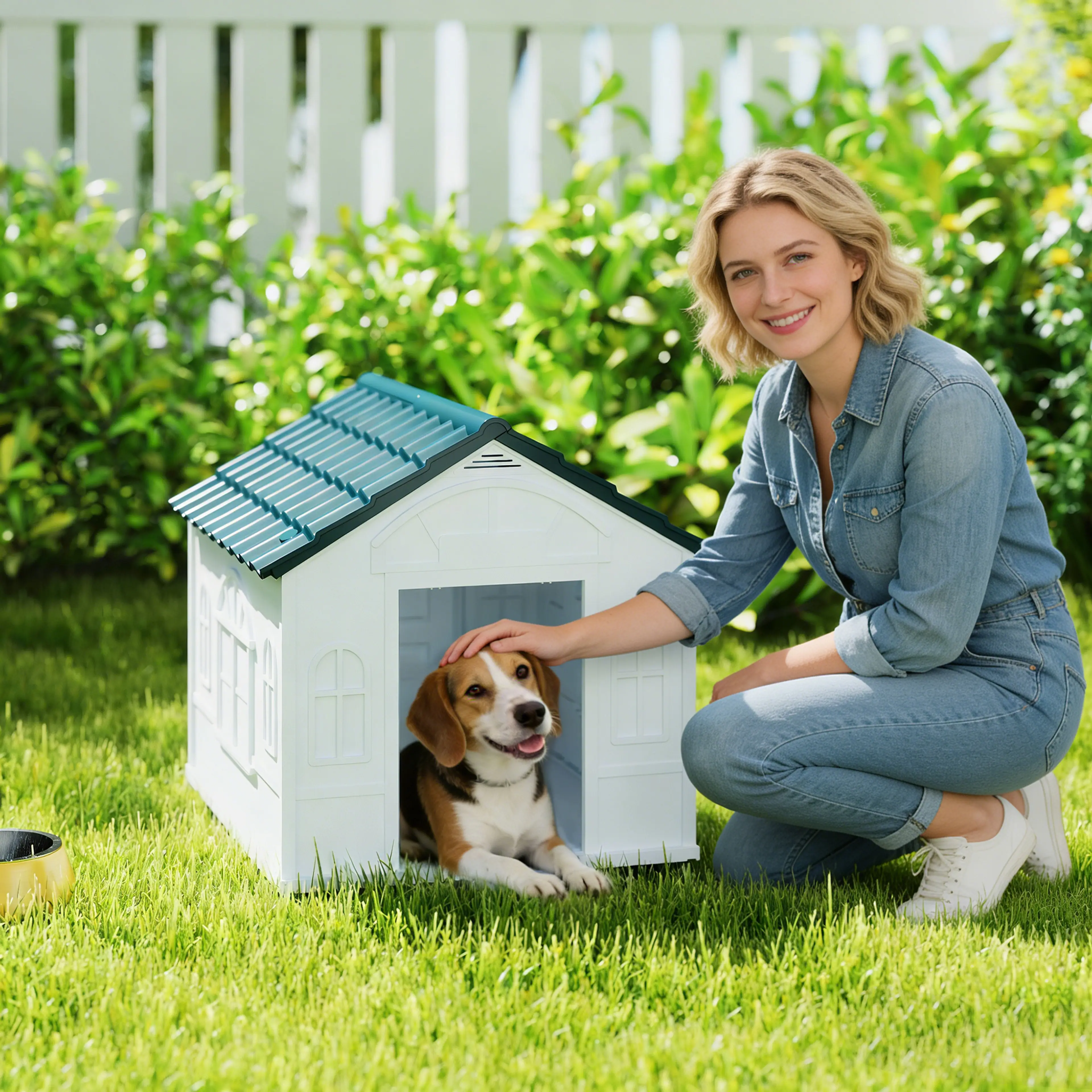 Vit hundkoja med blått tak på en gräsmatta med en liten hund i dörröppningen