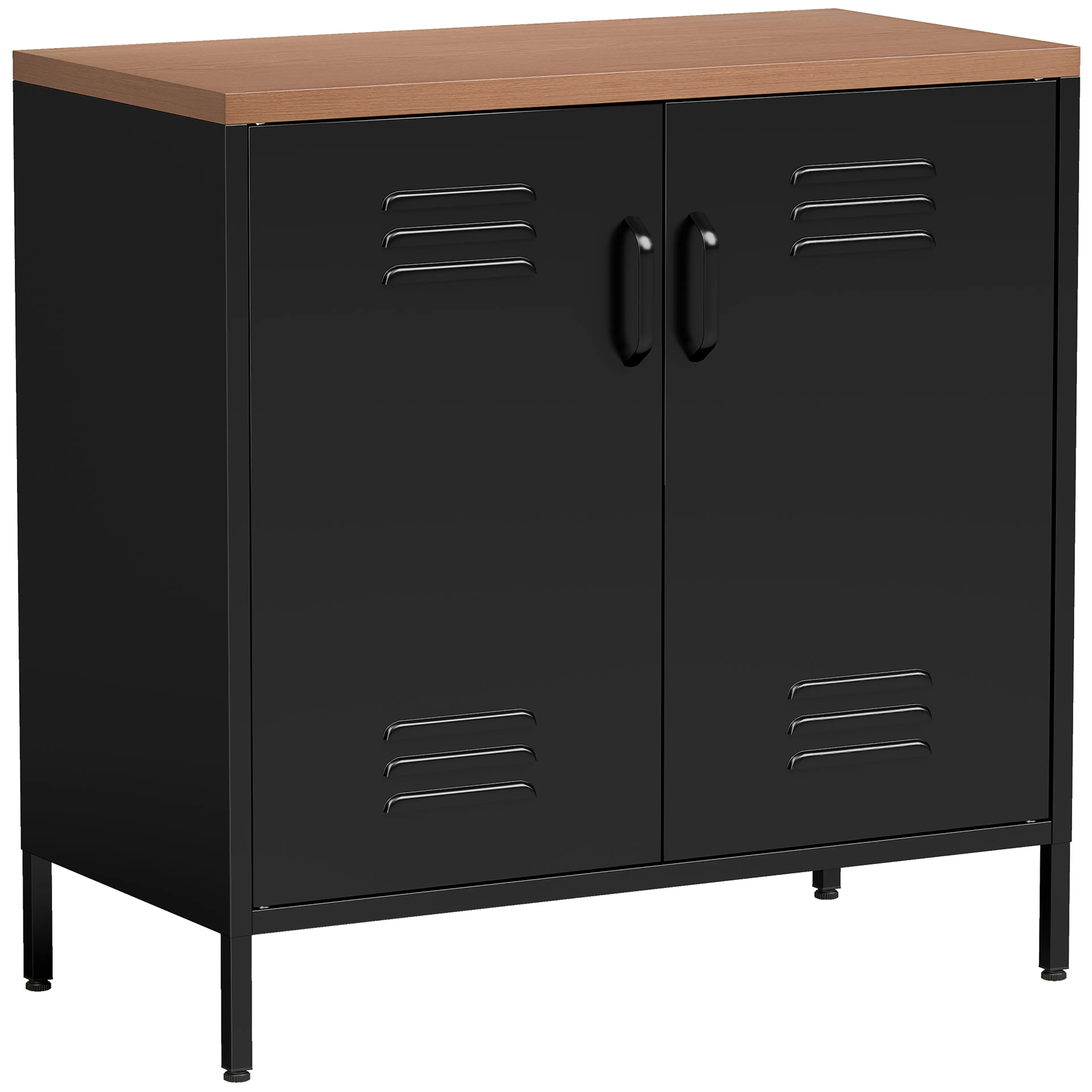 Svart sideboard i metall med brun träoptikskiva och två dörrar med ventilationsspringor