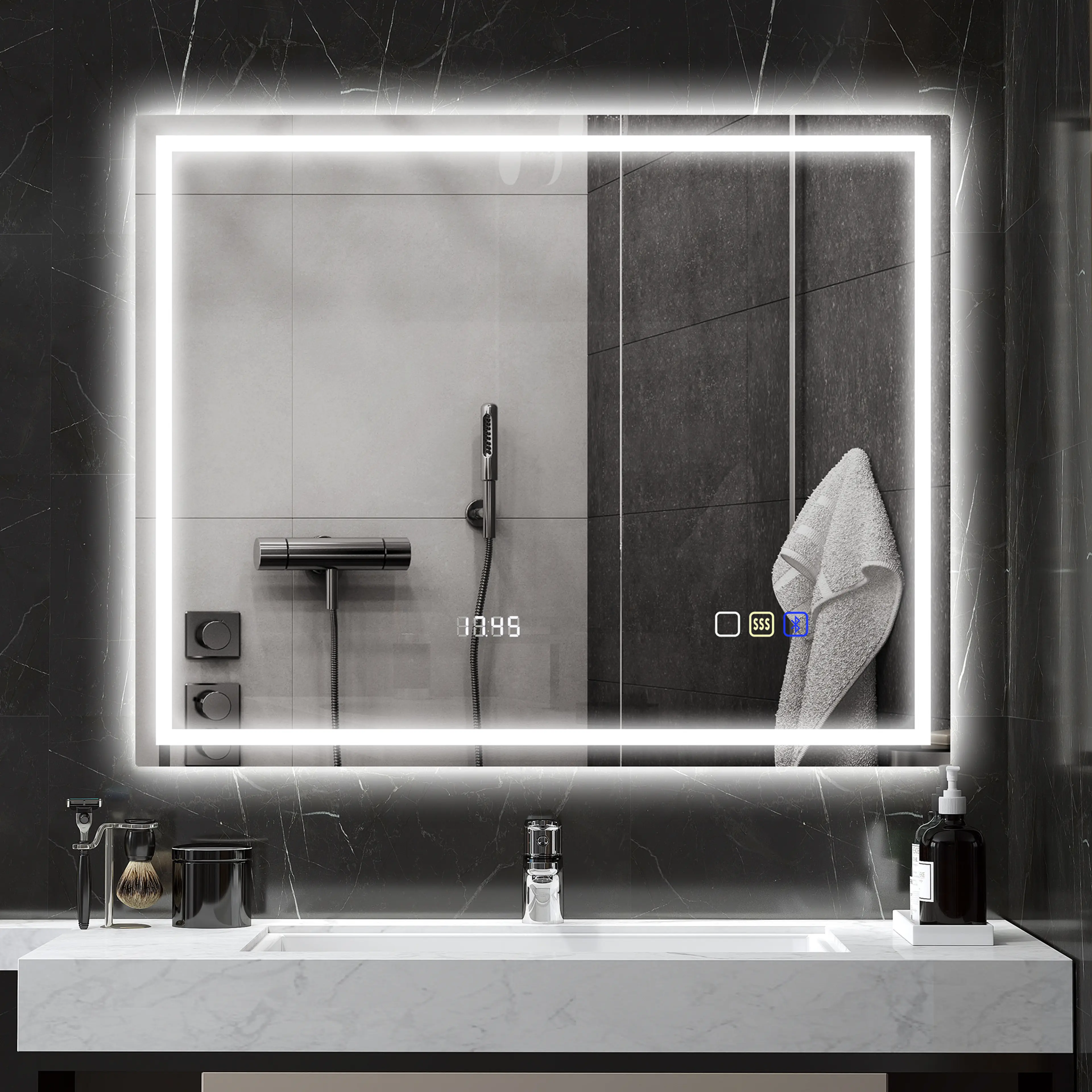 Badrumsspegel LED 100 × 80 cm med Bluetooth och klocka – bild 2