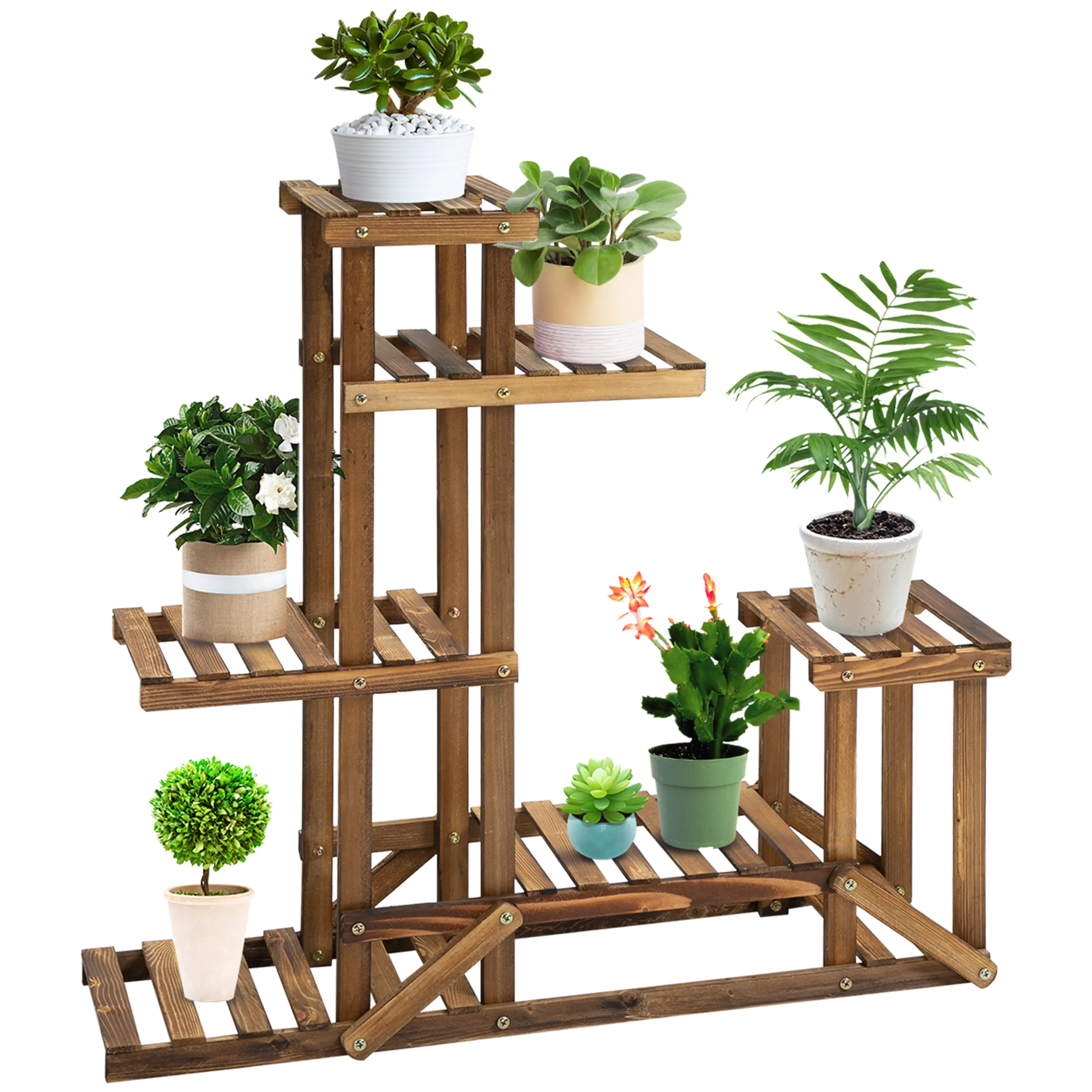 Blomsterhylla i trä med sex plan – karboniserad gran, 95 × 28 × 96,5 cm