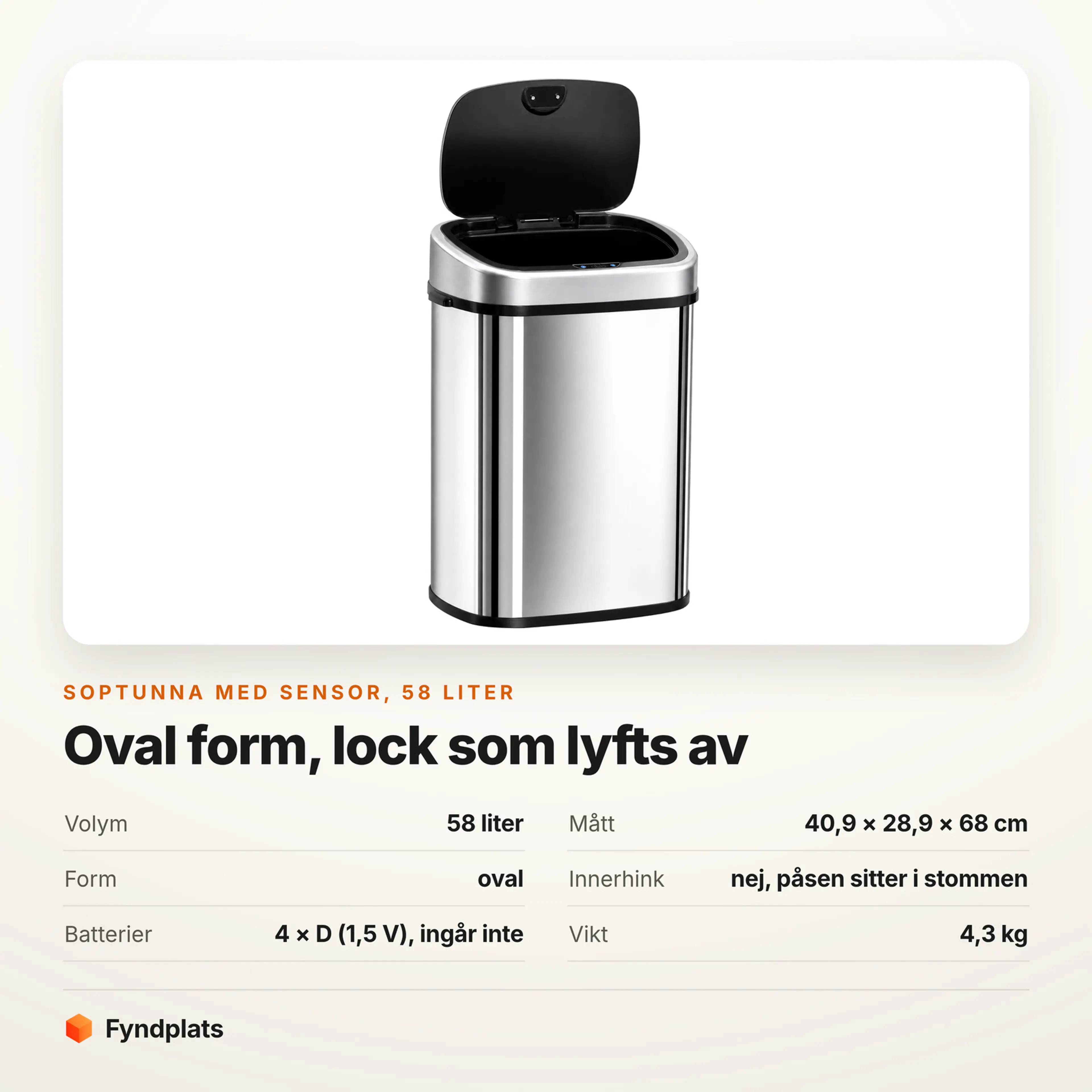 Faktakort: oval soptunna med sensor 58 liter, mått, form och batterier