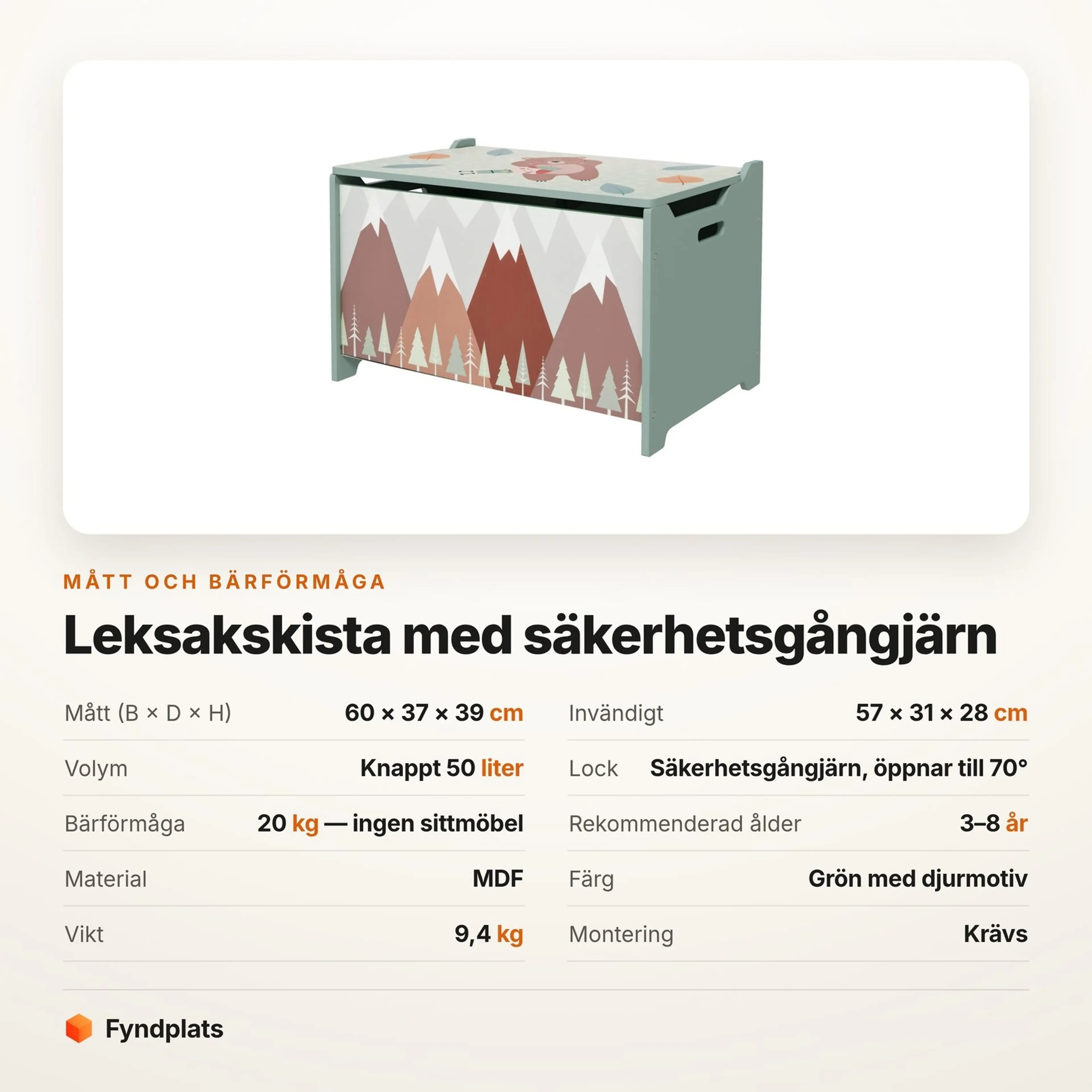 Leksakskista 60 cm med säkerhetsgångjärn, 3–8 år – bild 3