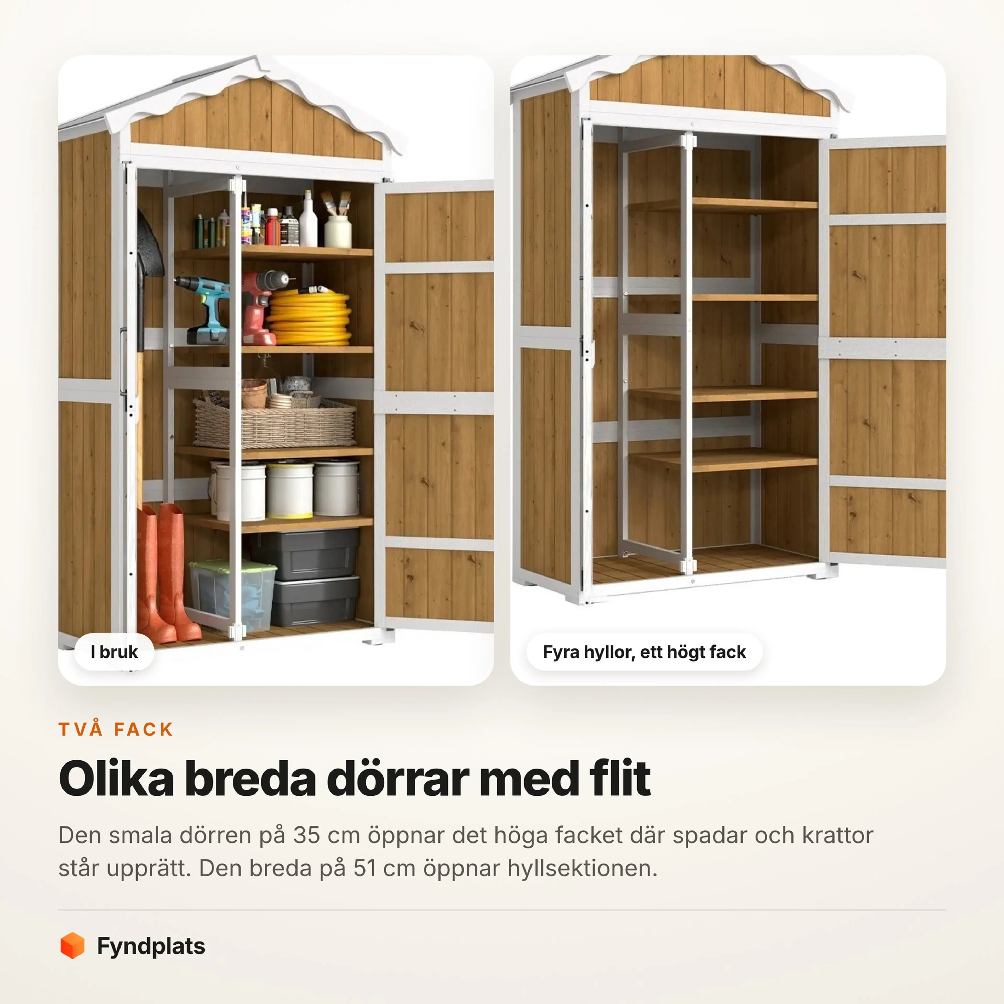 Fyndplats kort: två fack — högt utrymme för långa redskap och fyra flyttbara hyllor