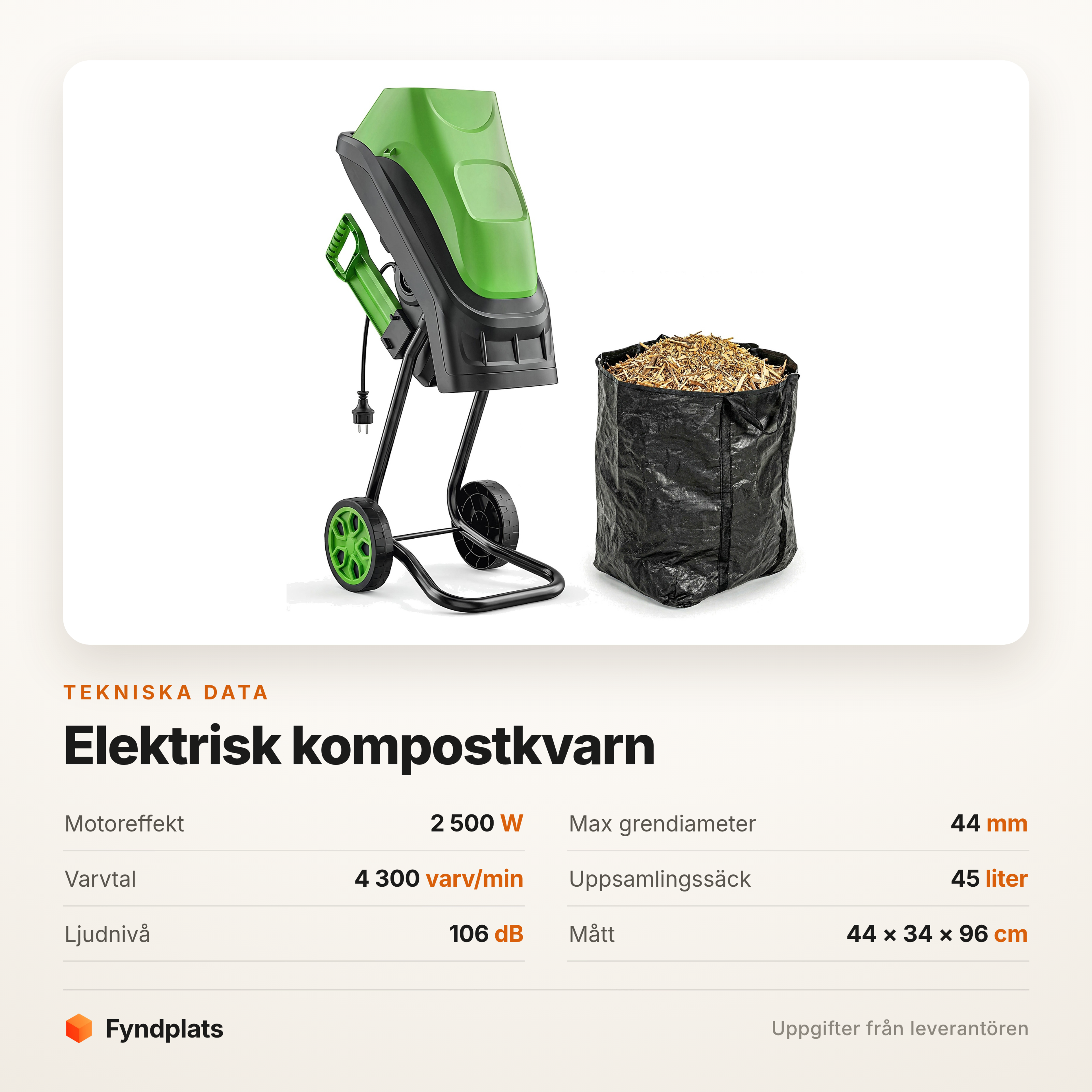 Fyndplats-kort med tekniska data: 2500 W, 44 mm grendiameter och 45 liters säck