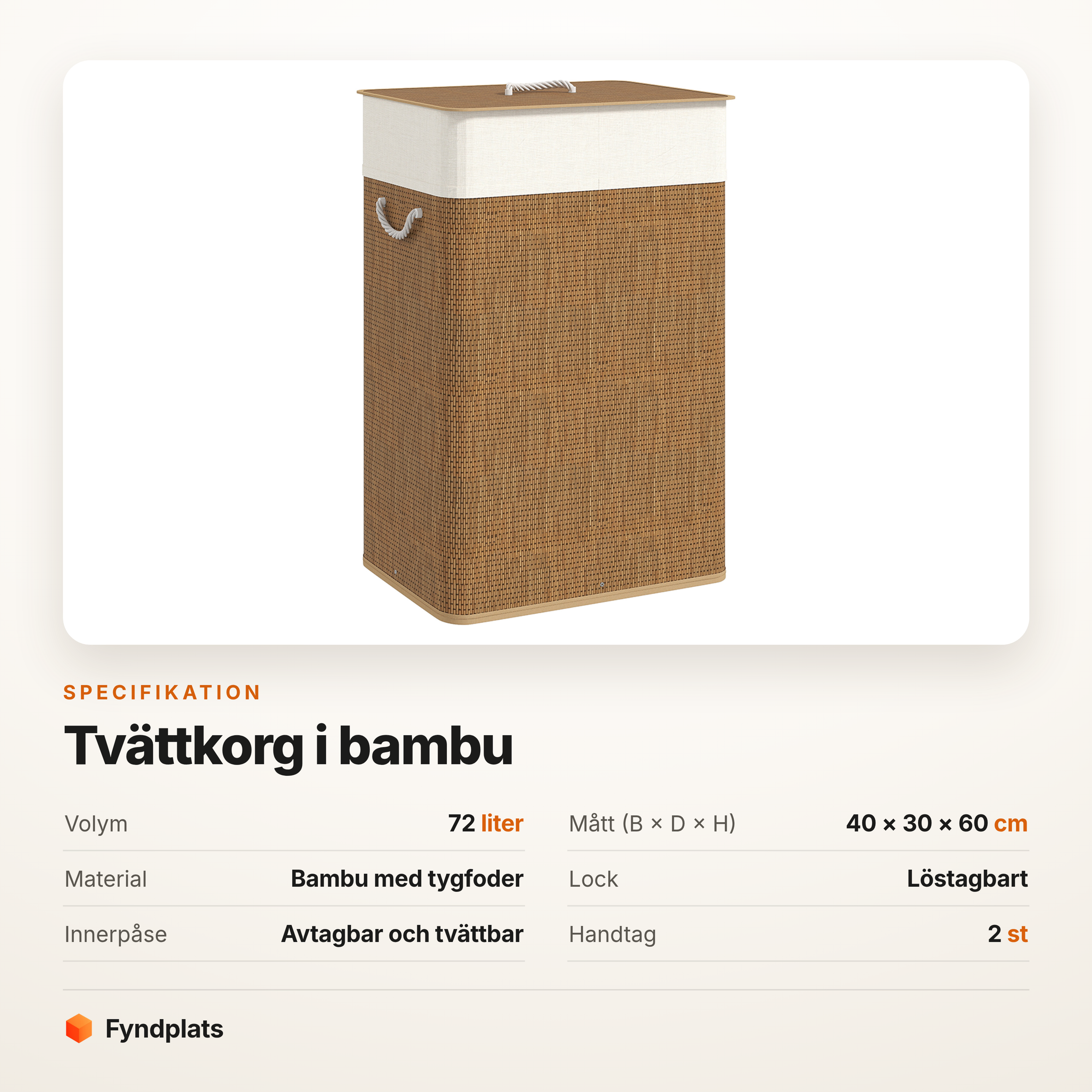 Fyndplats specifikationskort för tvättkorgen i bambu: 72 liter, 40 × 30 × 60 cm, löstagbart lock, avtagbar tvättbar innerpåse och två handtag.