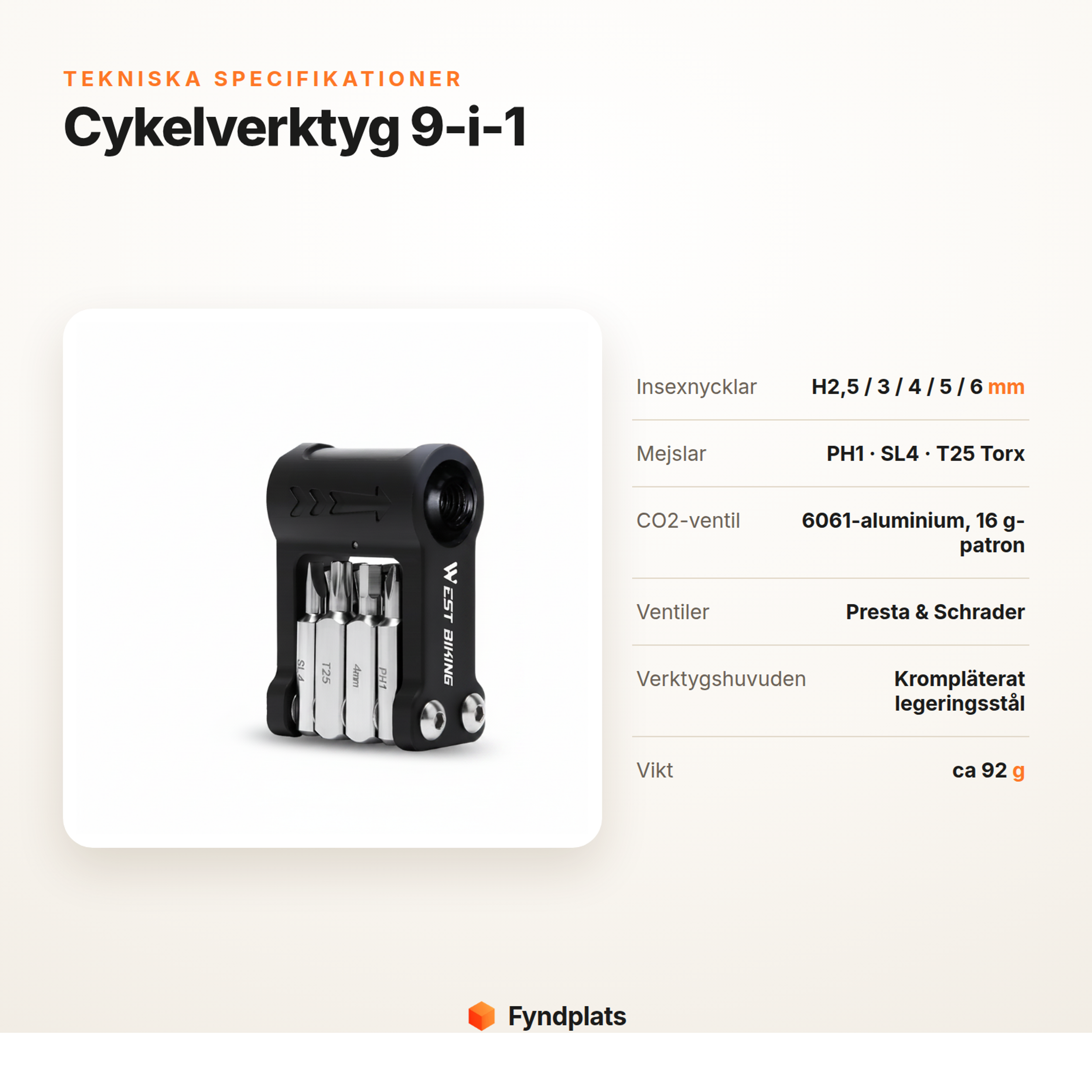 Fyndplats-kort: tekniska specifikationer för 9-i-1 cykelverktyg