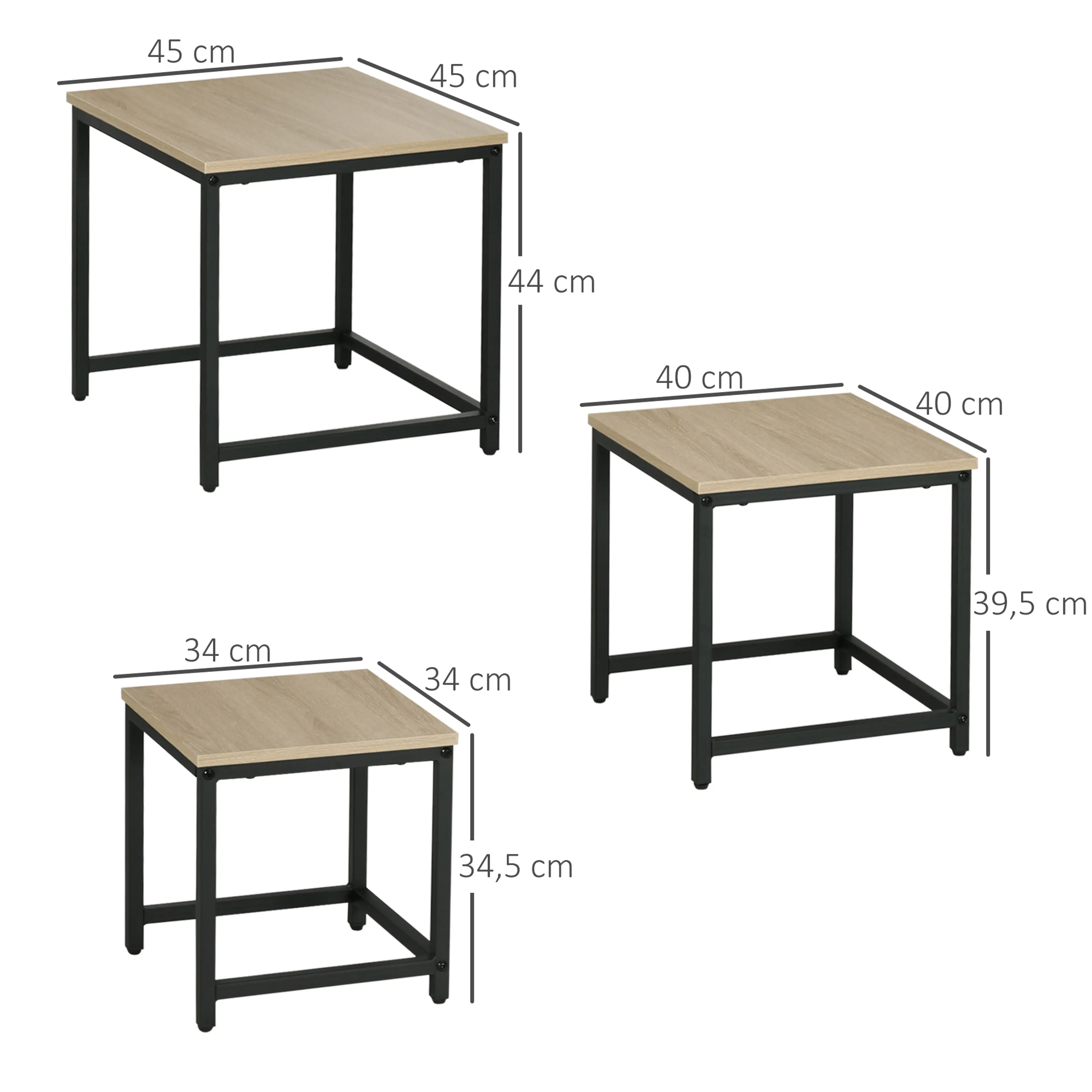 Måttbild: borden är 45 × 45 × 44, 40 × 40 × 39,5 och 34 × 34 × 34,5 cm
