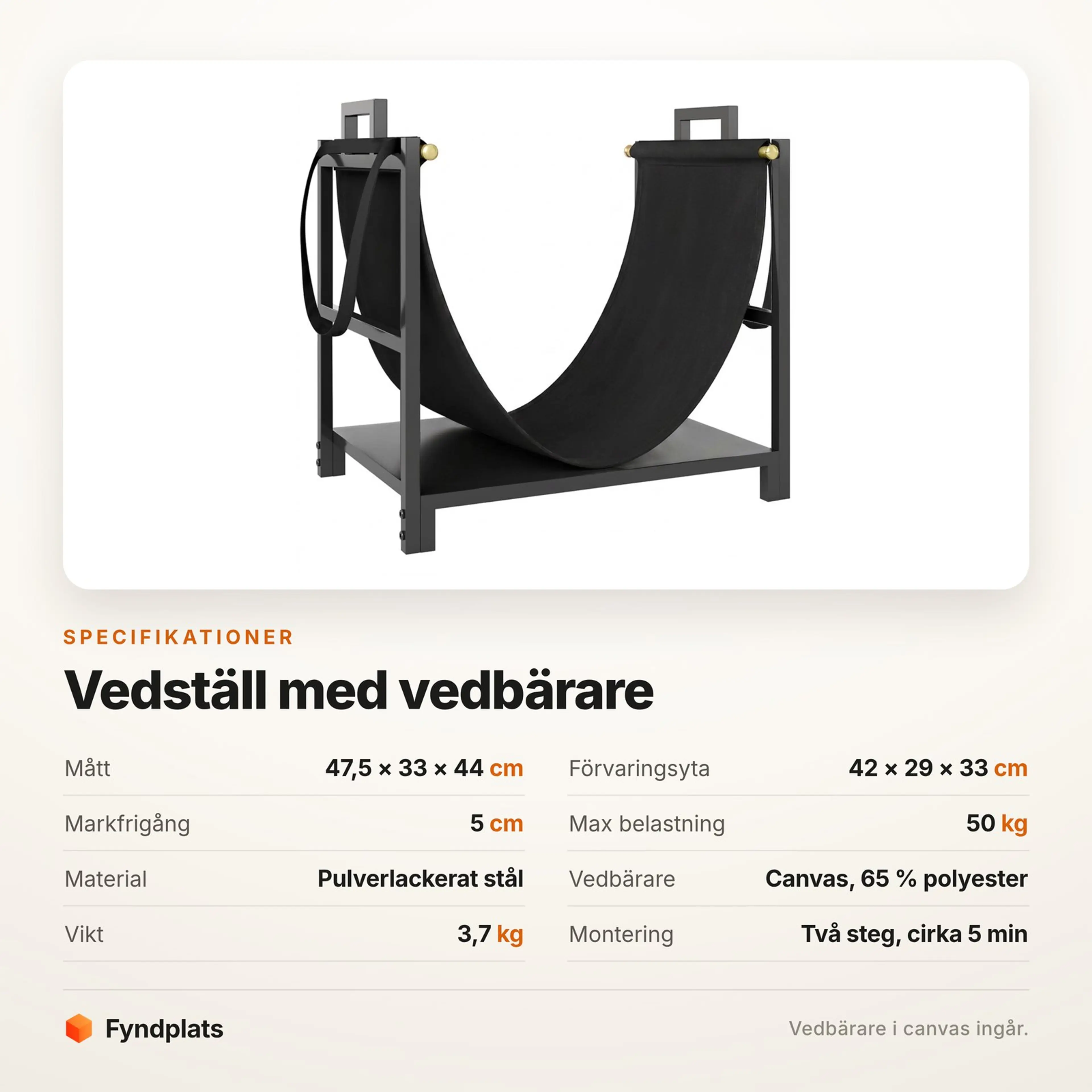 Specifikationer för vedstället: mått, förvaringsyta, belastning och vikt