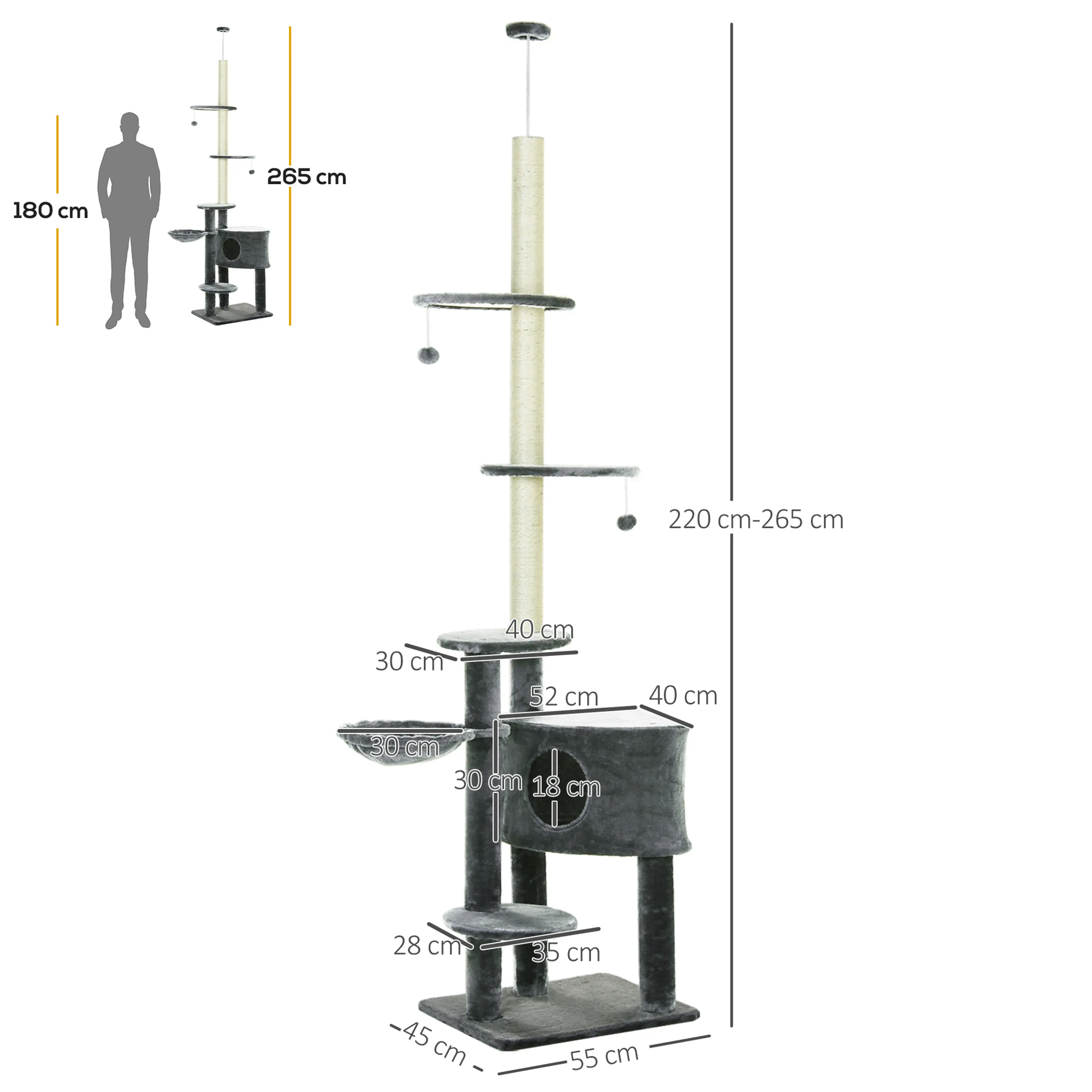 Måttskiss: 55 × 45 cm golvyta, 220–265 cm höjd och planens mått