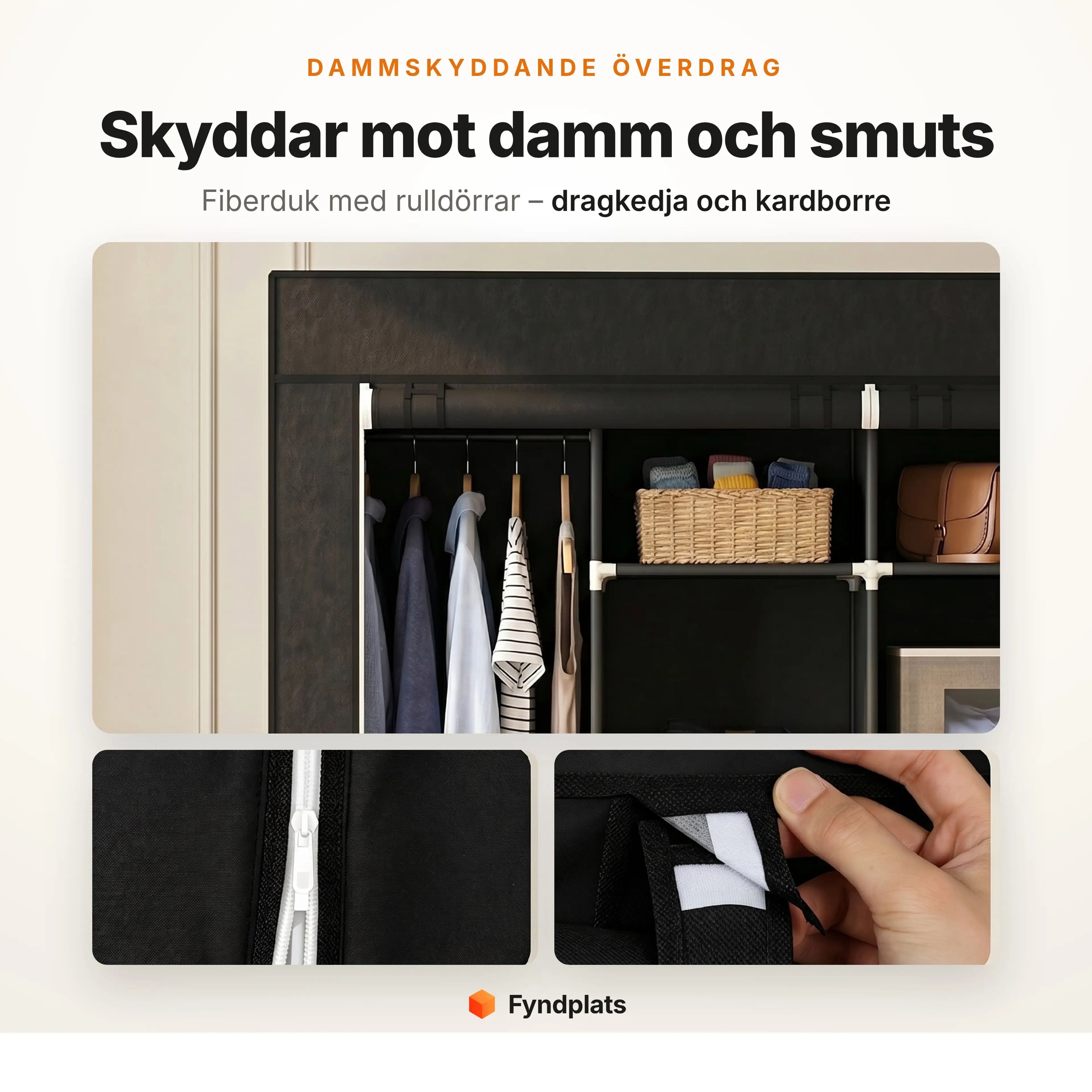 Dammskyddande överdrag i fiberduk med dragkedja och kardborreband – detalj på svart tyggarderob
