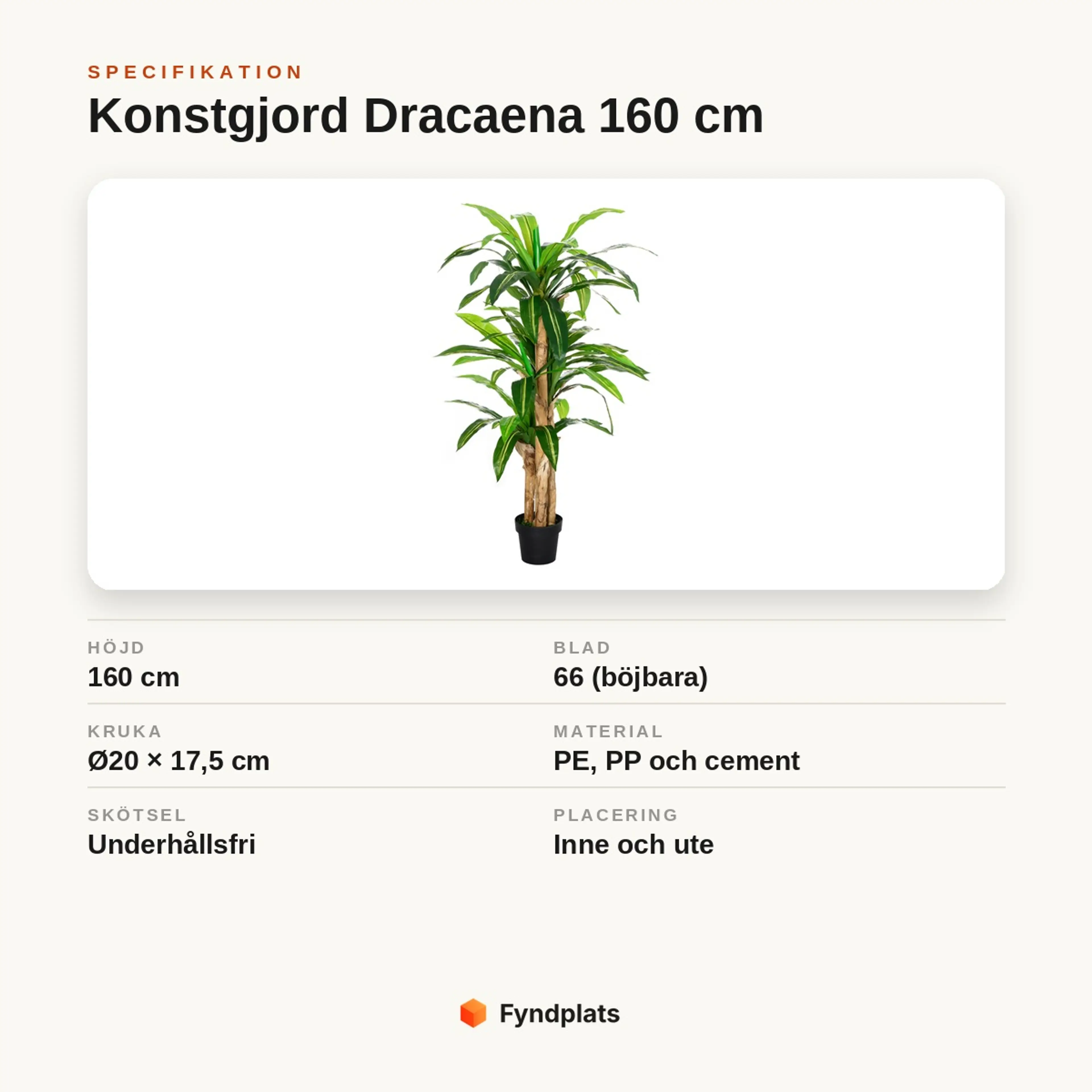 Specifikationskort: konstgjord Dracaena 160 cm med 66 böjbara blad, kruka Ø20 × 17,5 cm, underhållsfri