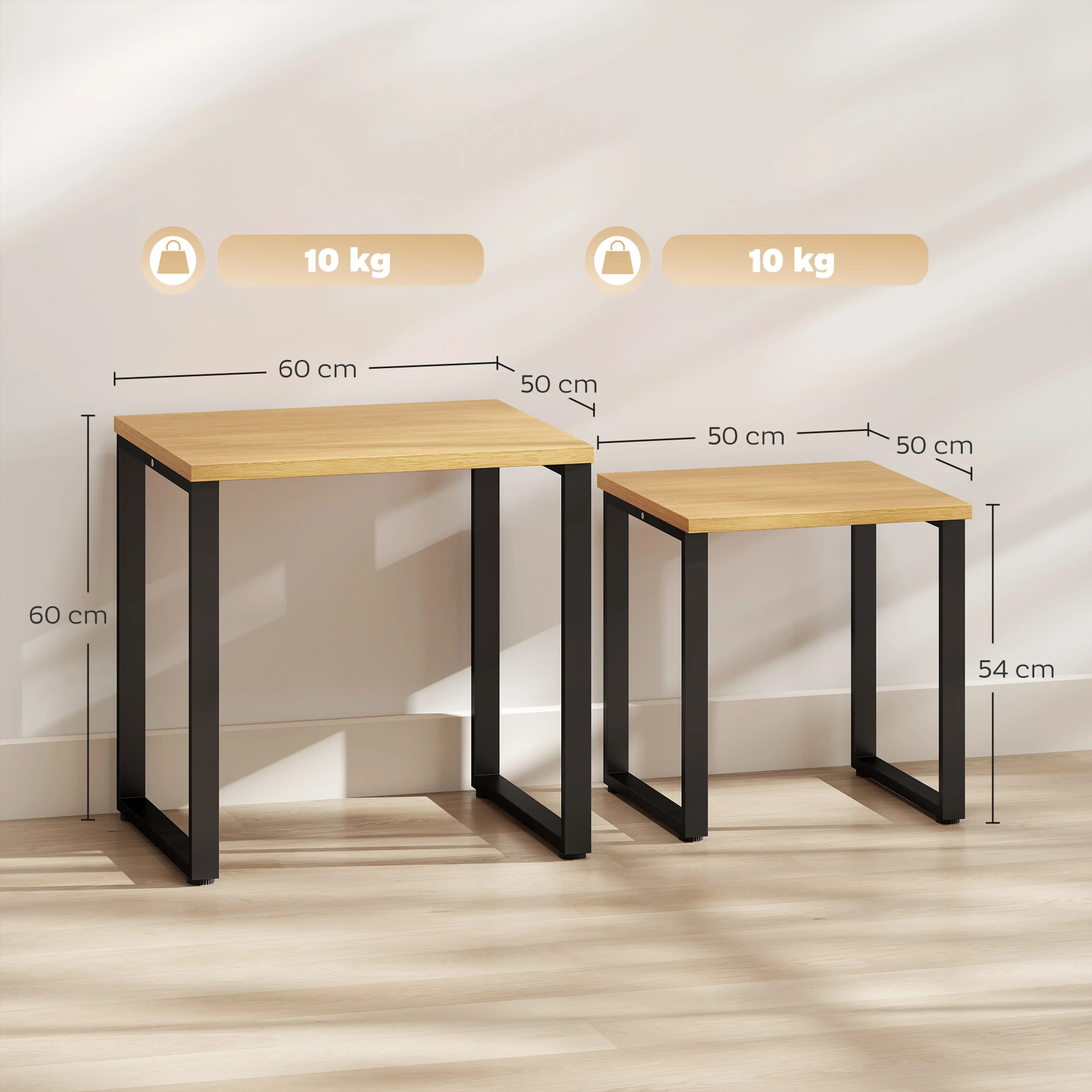 Måttbild: borden är 60 × 50 × 60 cm och 50 × 50 × 54 cm och bär 10 kg vardera
