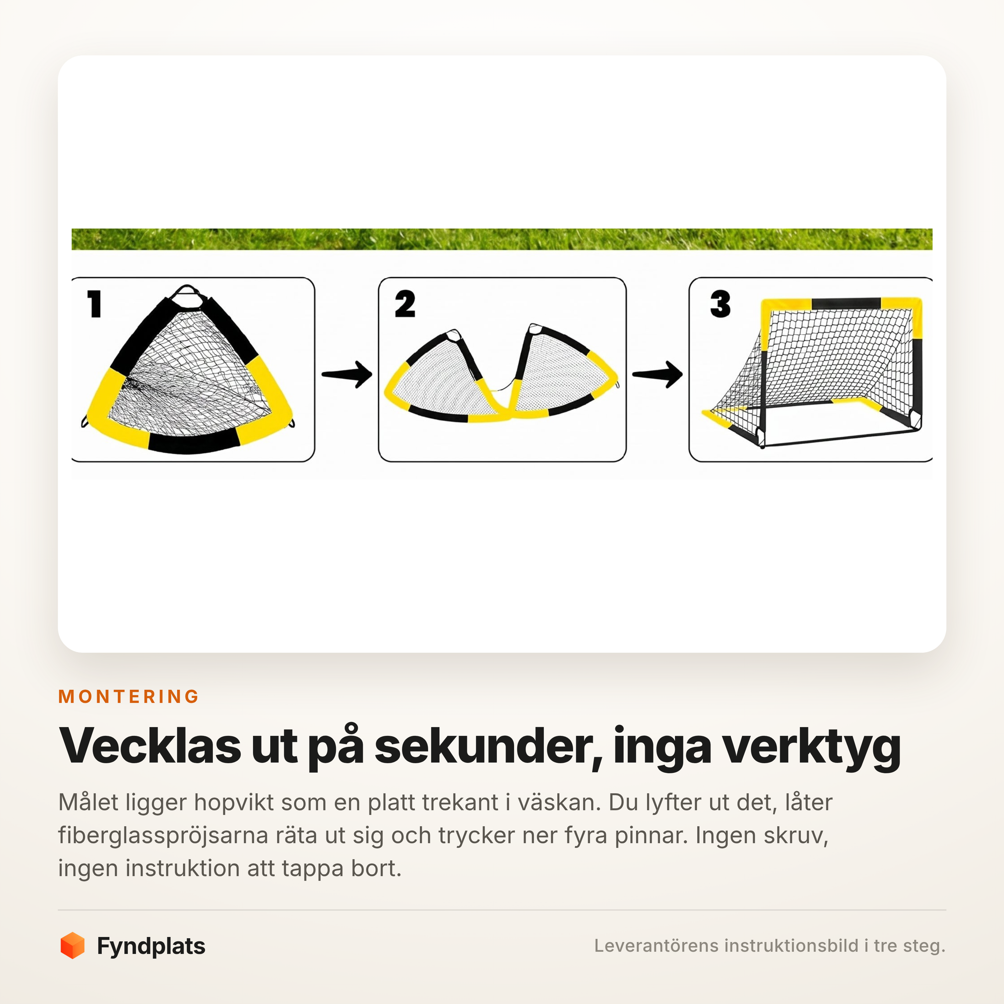 Instruktionsbild i tre steg som visar hur målet vecklas ut ur väskan