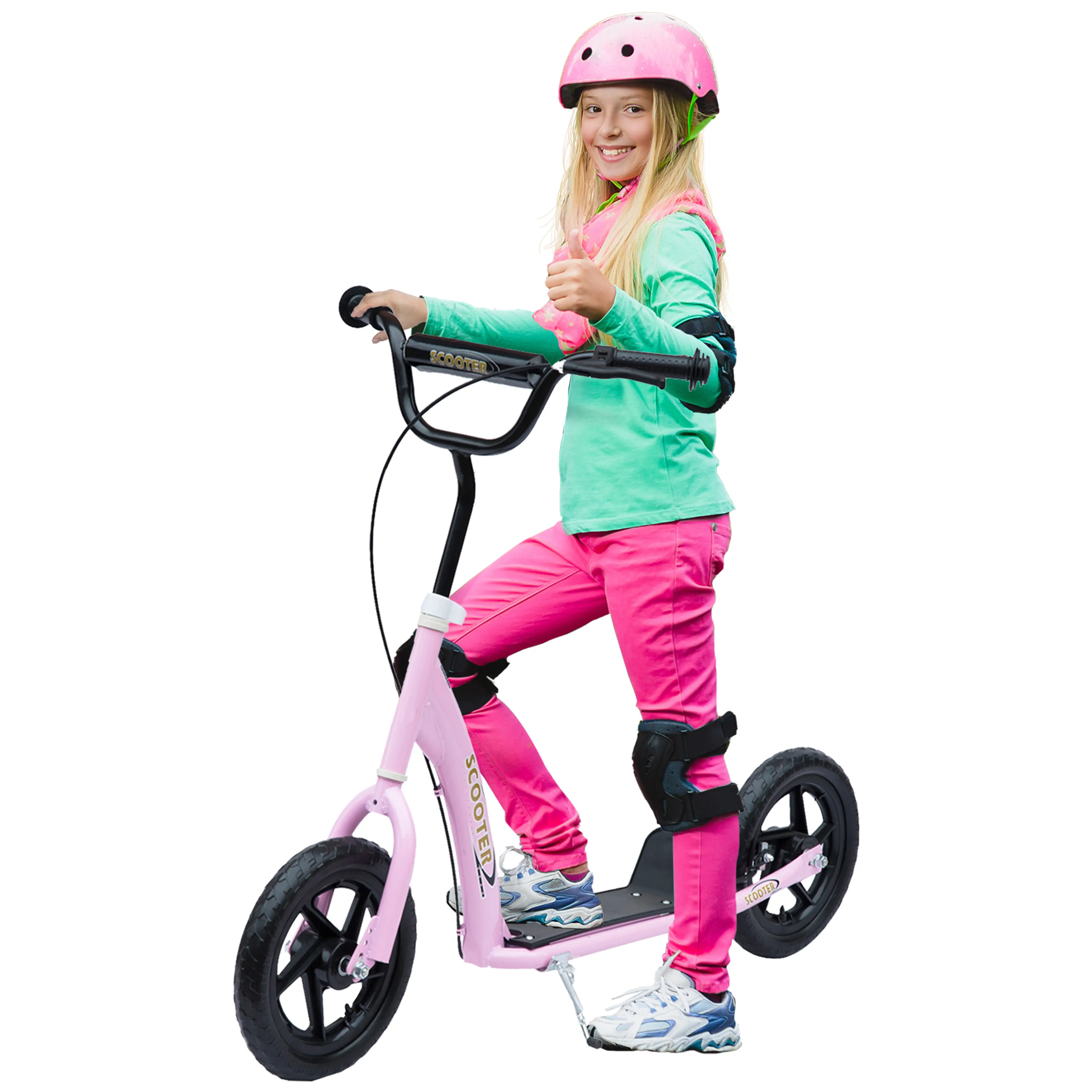 Ljusrosa sparkcykel med 12-tumshjul, flicka med hjälm på fotplattan