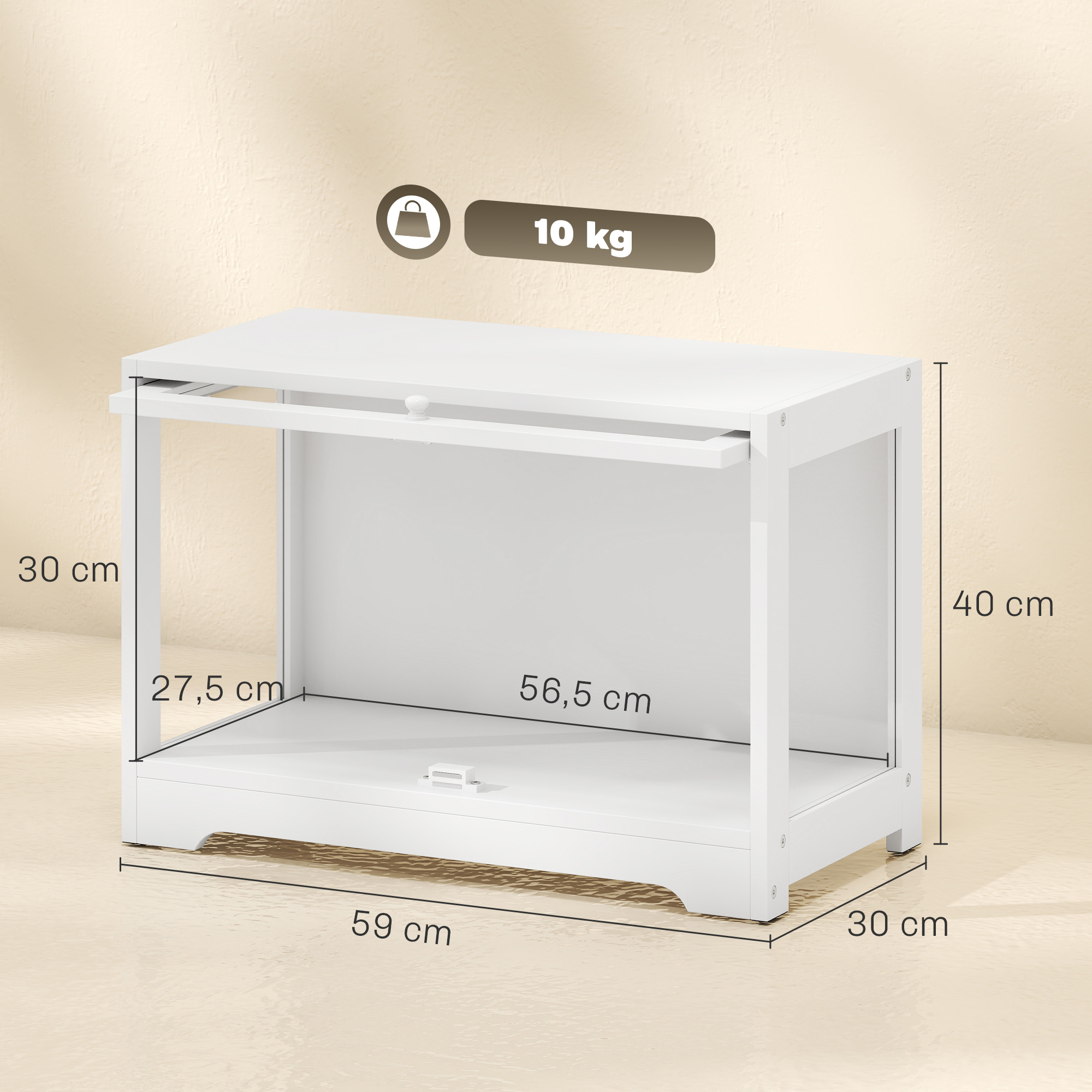 Måttritning enfacksmodell: 59 × 30 × 40 cm, fack 56,5 × 27,5 cm