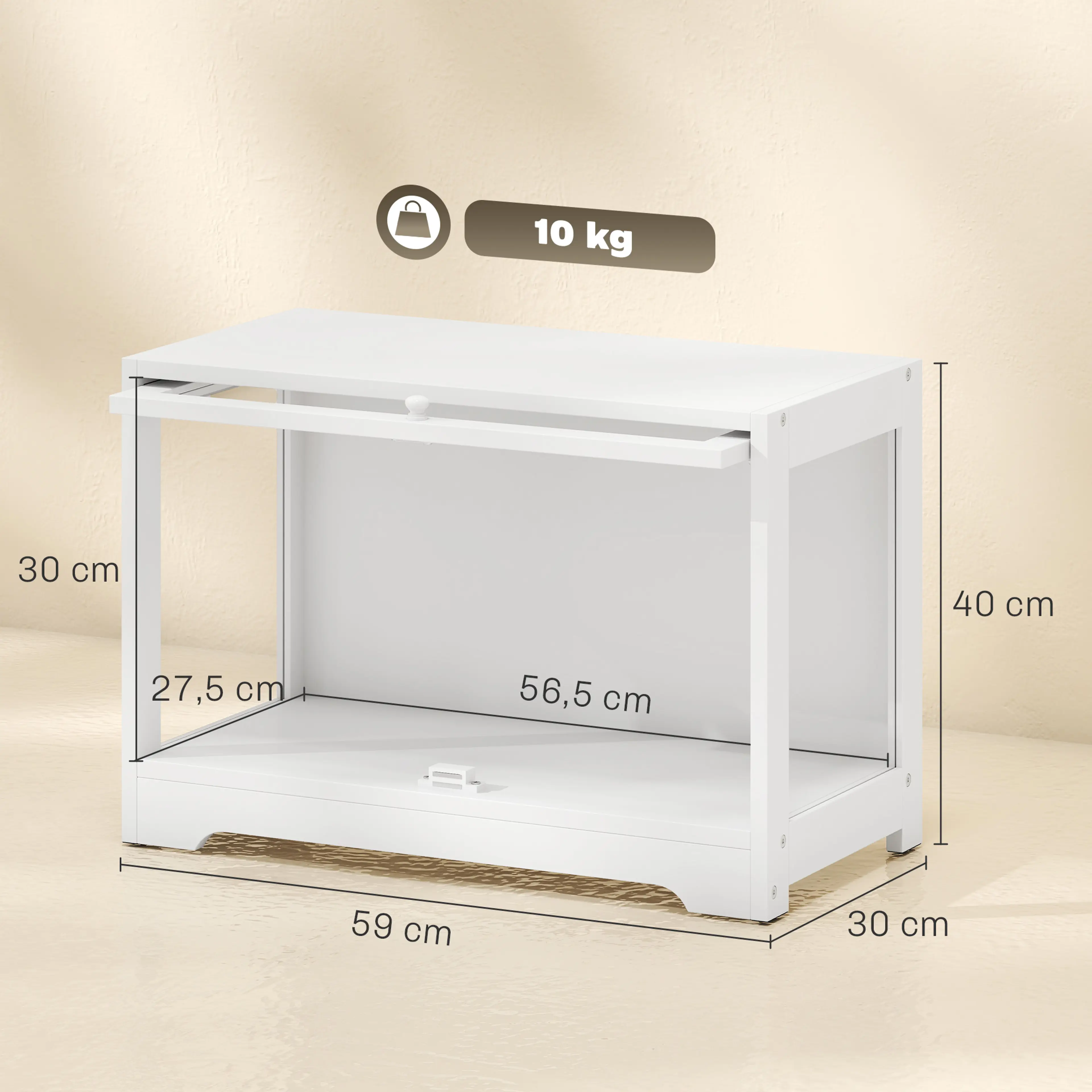 Måttritning enfacksmodell: 59 × 30 × 40 cm, fack 56,5 × 27,5 cm