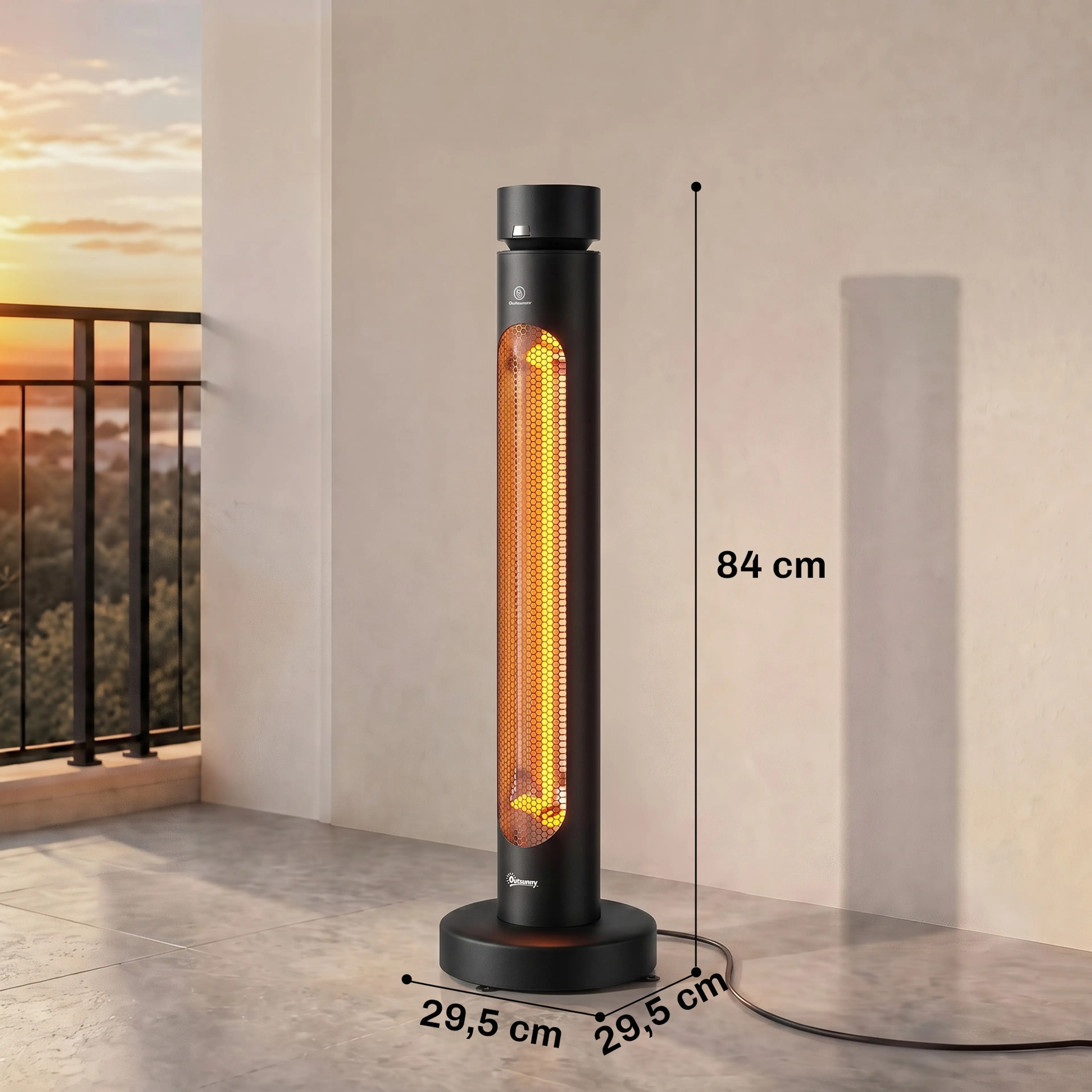 Måttritning: terrassvärmaren är 84 cm hög med en fot på 29,5 × 29,5 cm