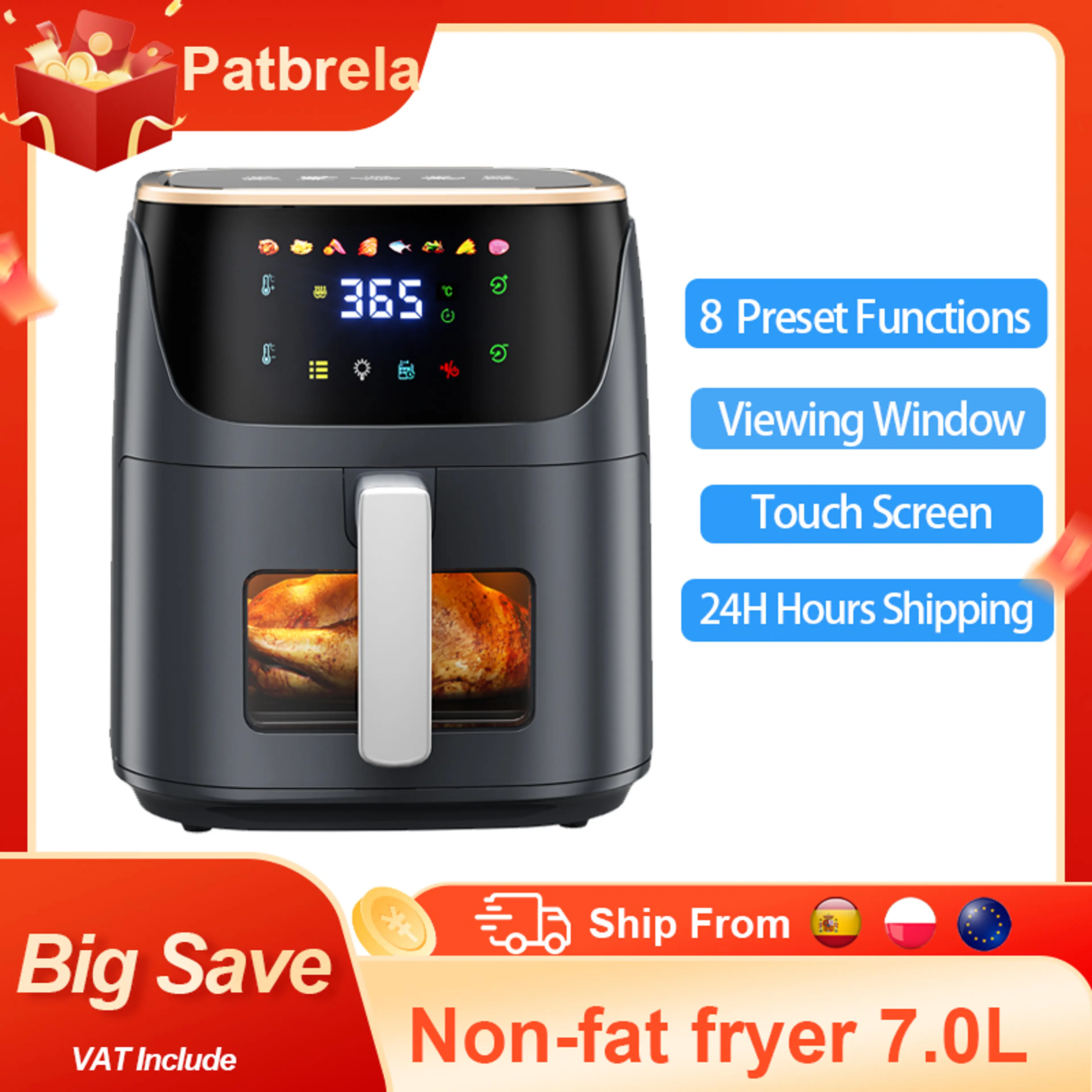 Airfryer 7 liter – varmluftsfritös 1500 W, 8 program & glasfönster