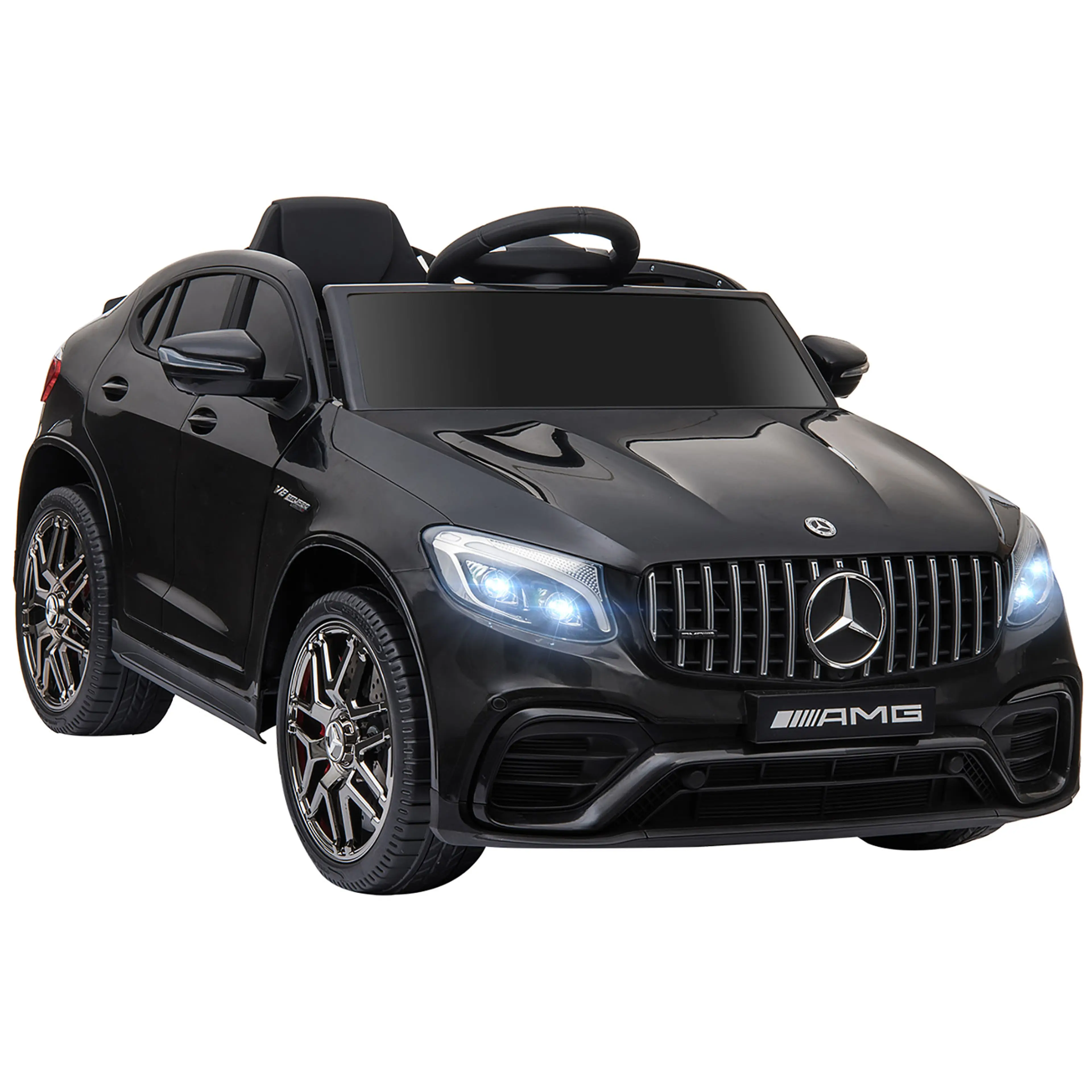Svart elbil för barn i Mercedes-AMG GLC 63 S-modell med tända strålkastare, mot vit bakgrund