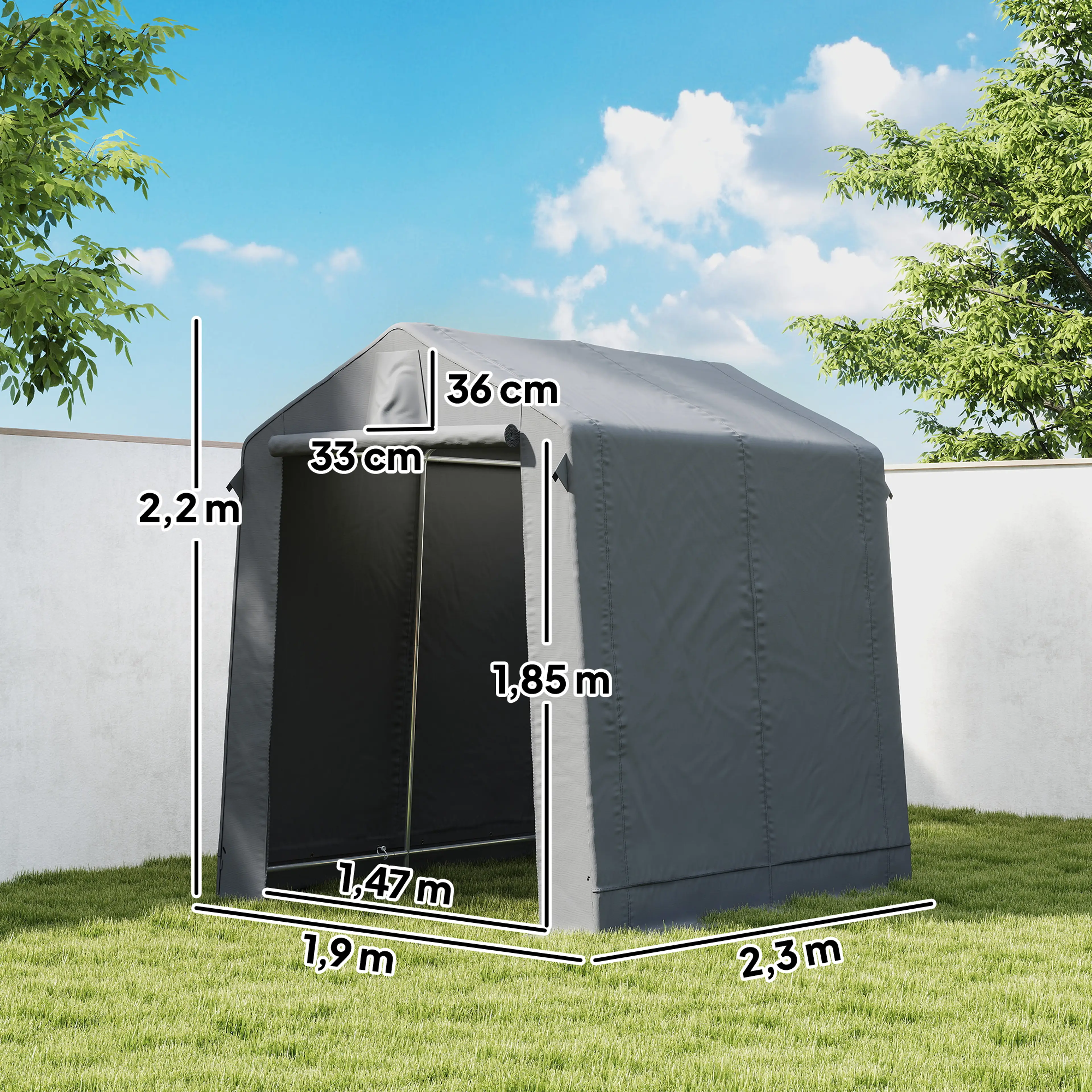 Måttritning för garagetält: 190 cm brett, 230 cm djupt, 220 cm högt och dörr 147 cm