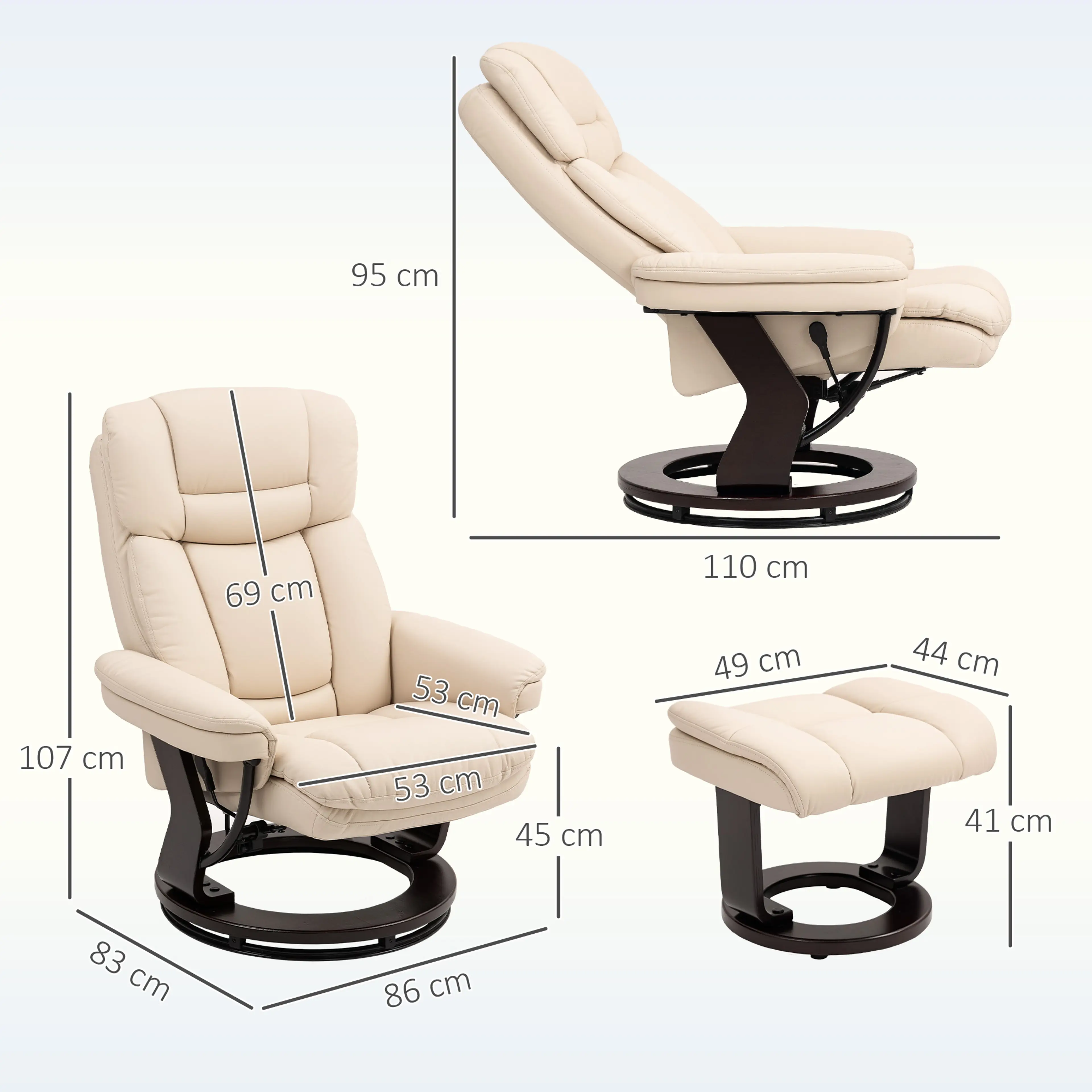 Reclinerfåtölj med fotpall i konstläder, 130° och 360° – gräddvit – bild 6