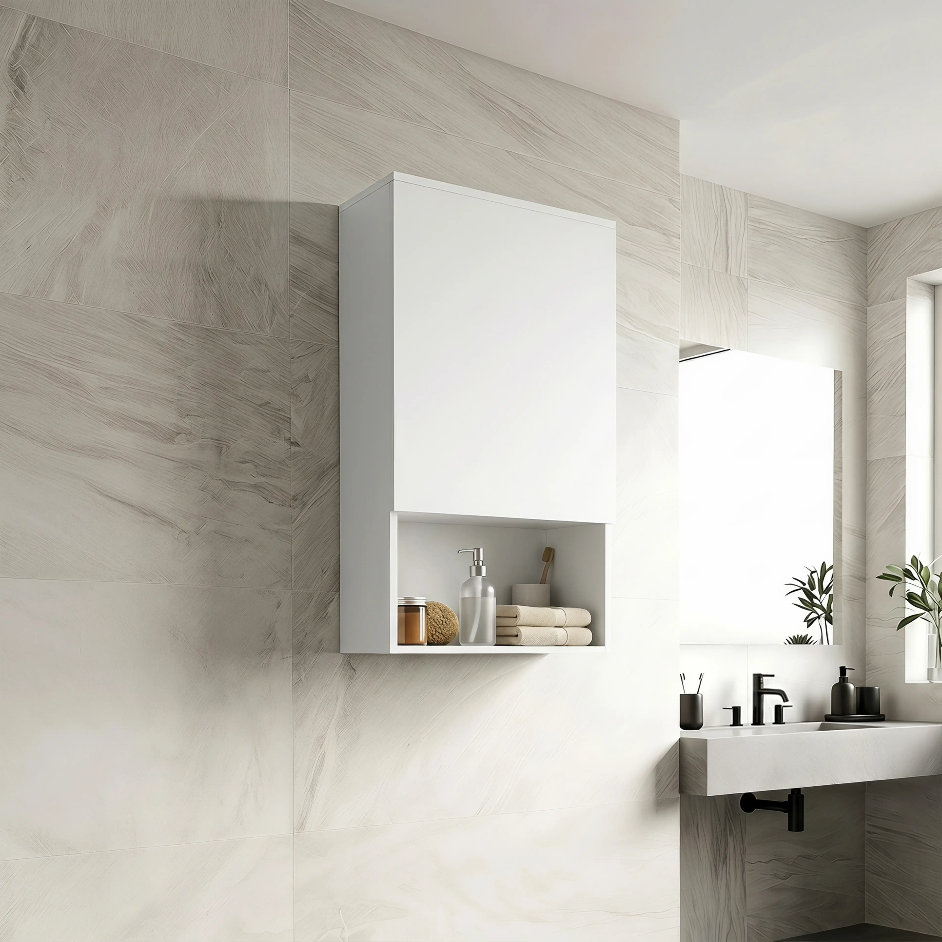 Väggskåpet hängt på en marmorvägg ovanför ett tvättställ, med handdukar i det öppna facket